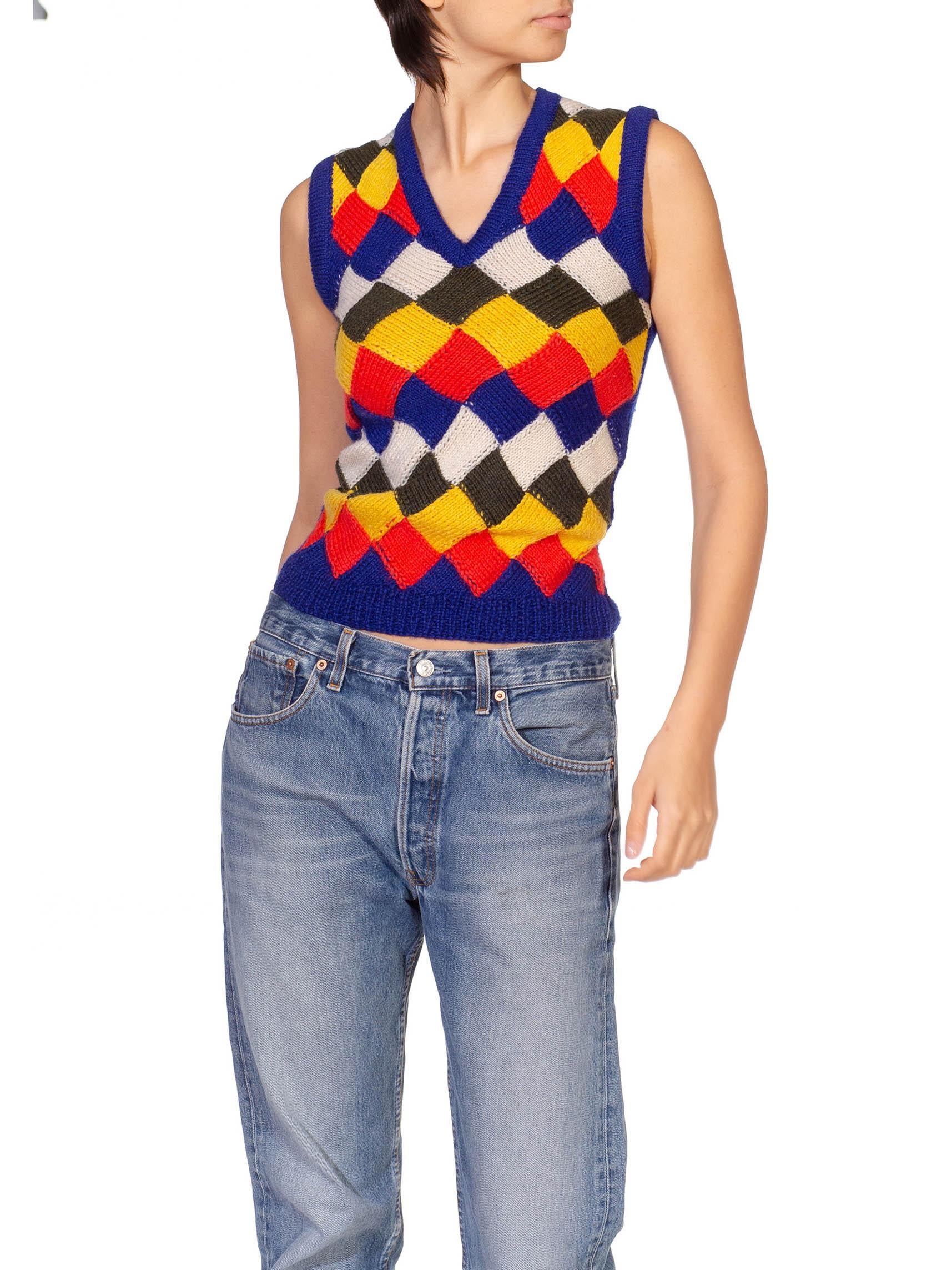 1970S Multicolor Hand Knit Wool Sweater Vest In Excellent Condition For Sale In New York, NY