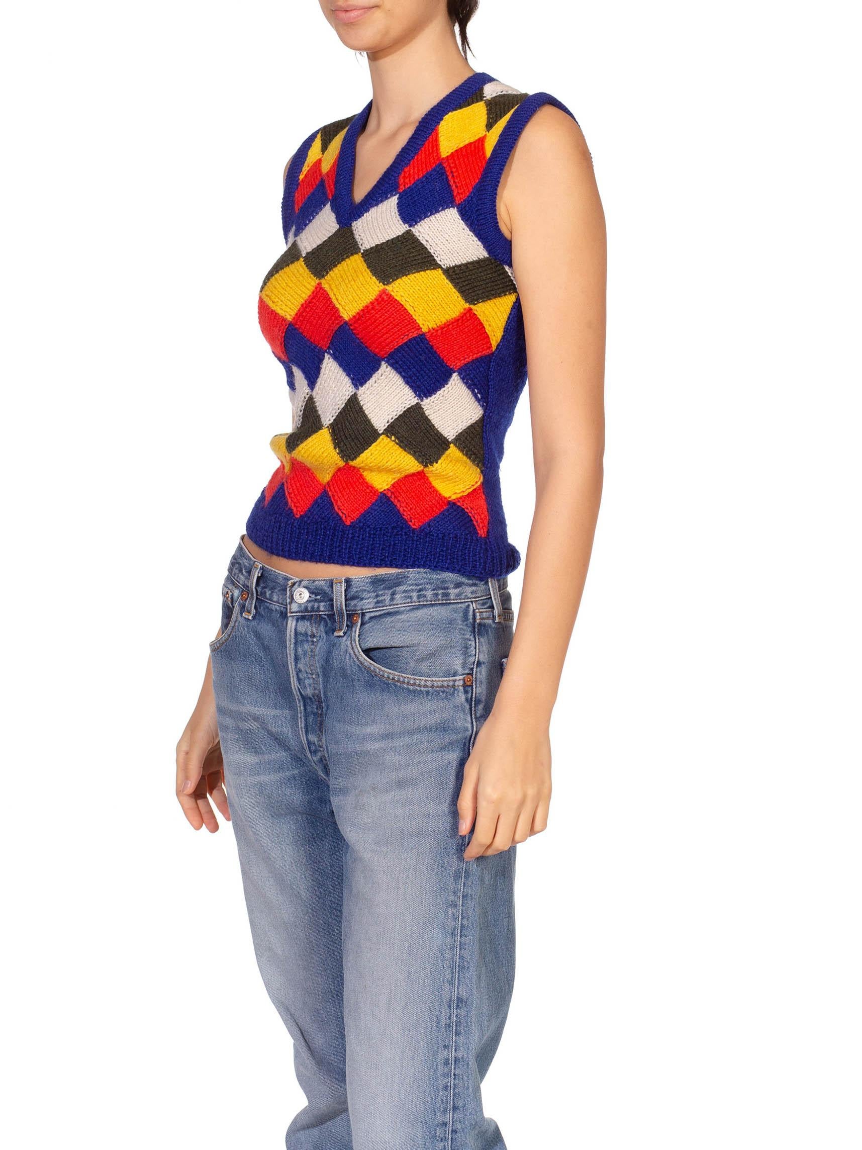 1970S Multicolor Hand Knit Wool Sweater Vest For Sale 1