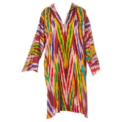 1970S Multicolor Hand Woven Silk Ikat Long Sleeve Kaftan With Embroidered Neckl
