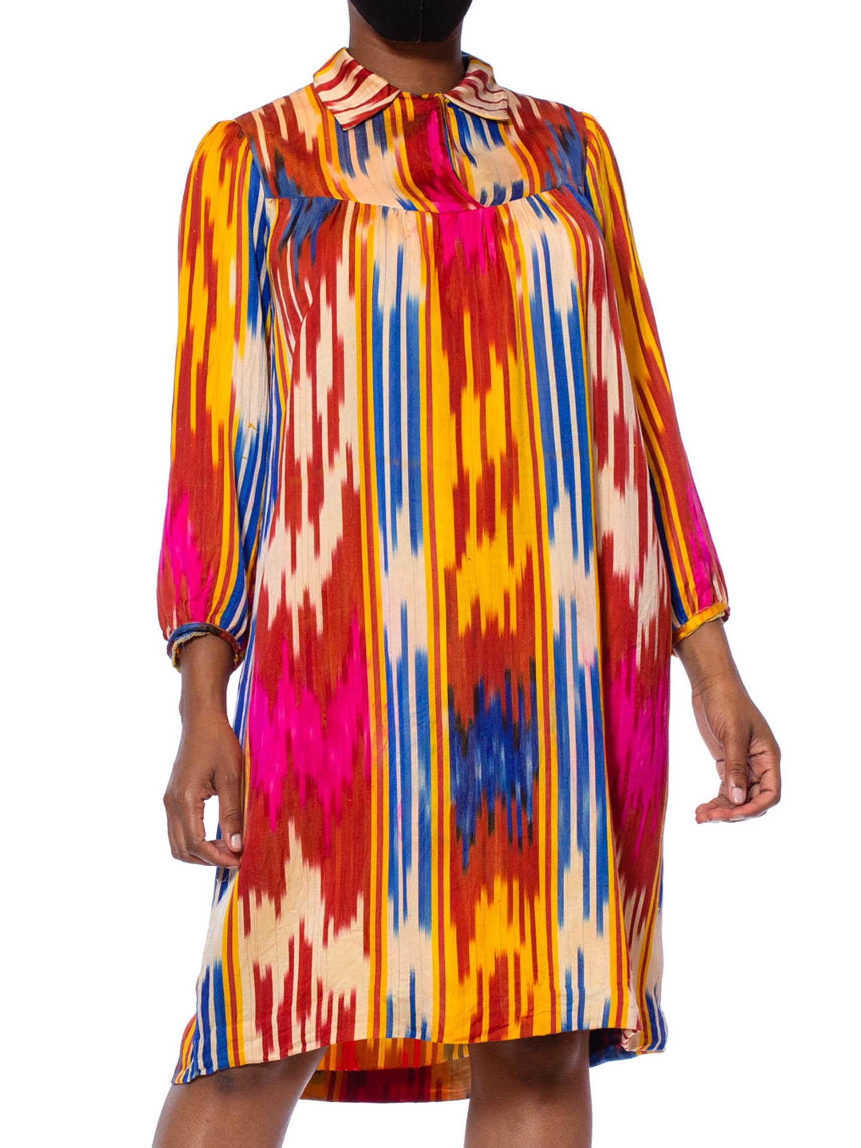 1970S Multicolor Hand Woven Silk Satin Ikat Tunic Dress For Sale 4