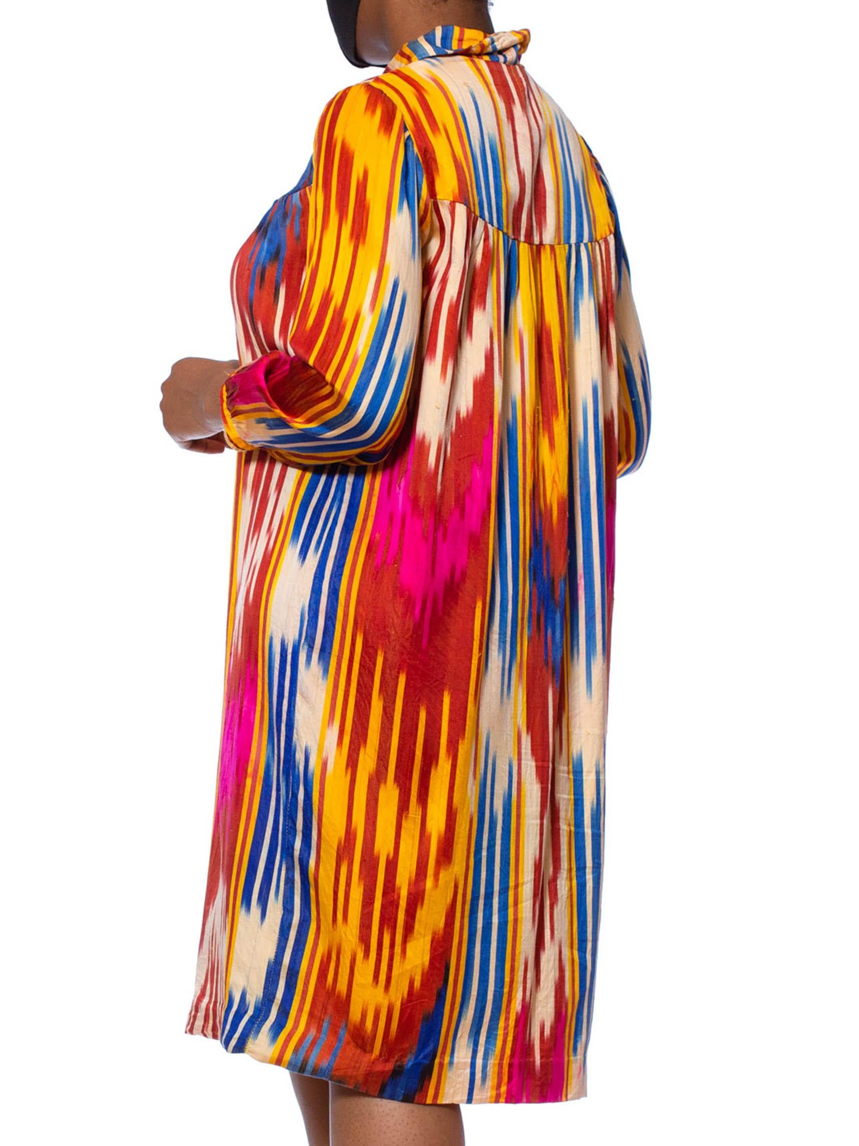 Orange 1970S Multicolor Hand Woven Silk Satin Ikat Tunic Dress For Sale