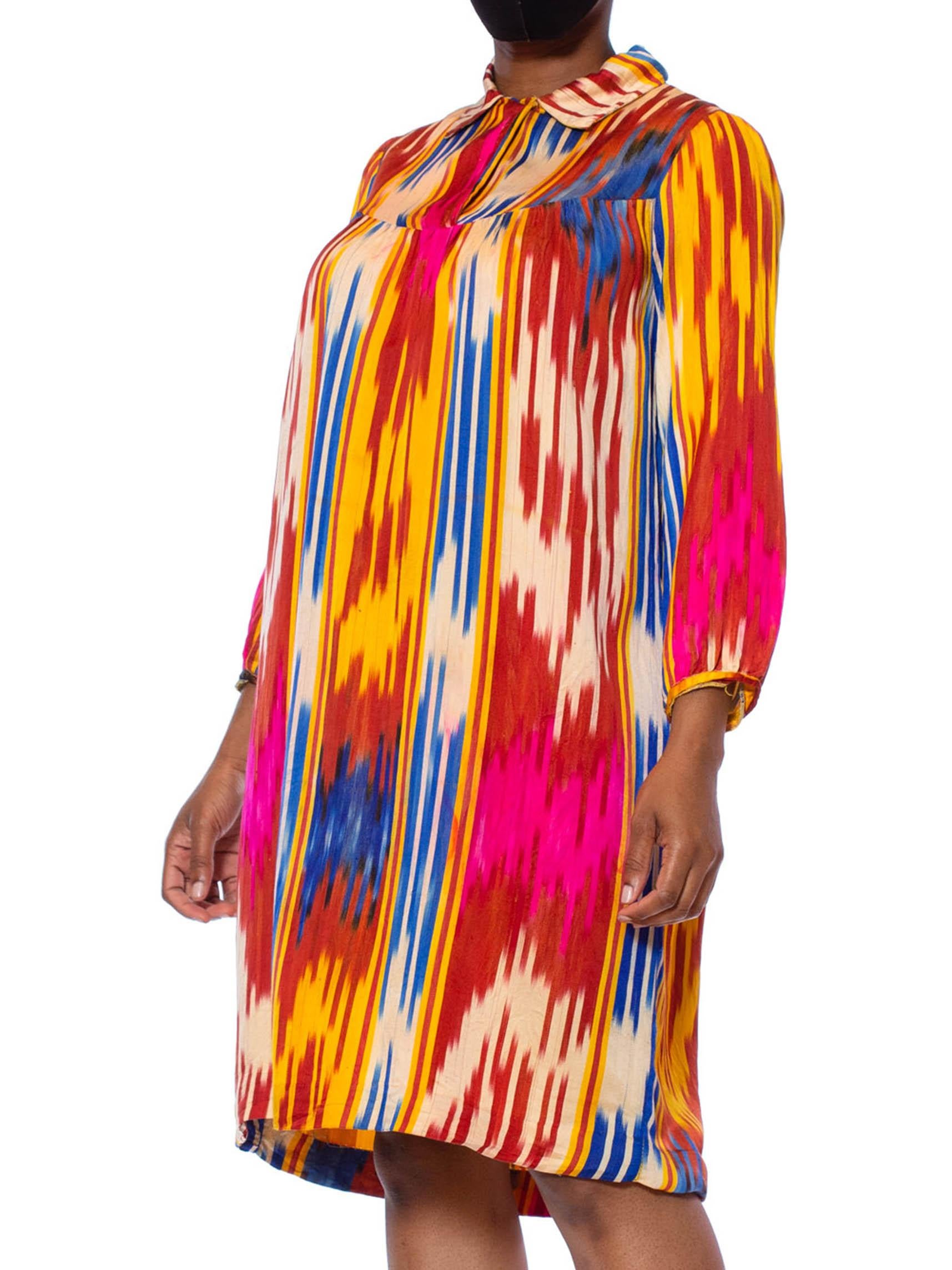 Women's 1970S Multicolor Hand Woven Silk Satin Ikat Tunic Dress For Sale