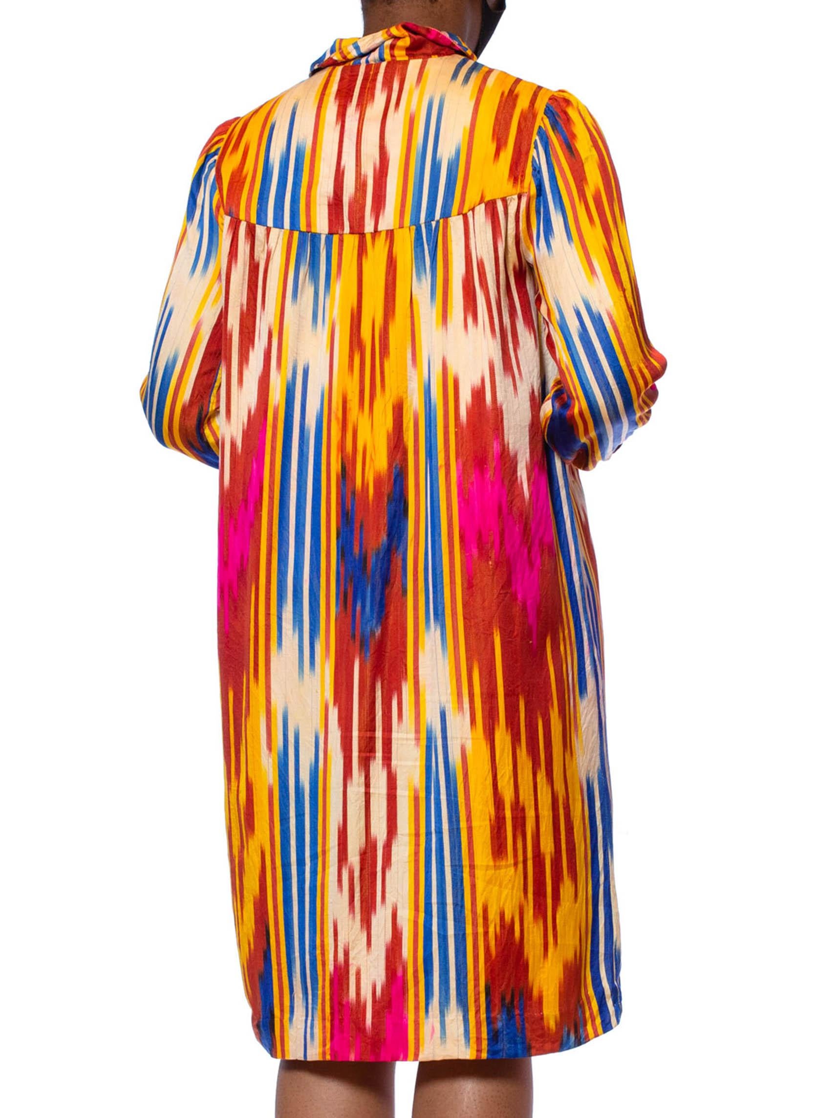 1970S Multicolor Hand Woven Silk Satin Ikat Tunic Dress For Sale 1