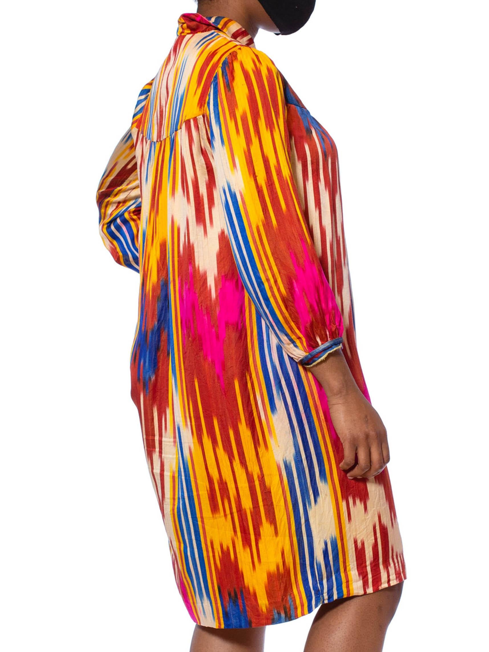 1970S Multicolor Hand Woven Silk Satin Ikat Tunic Dress For Sale 2