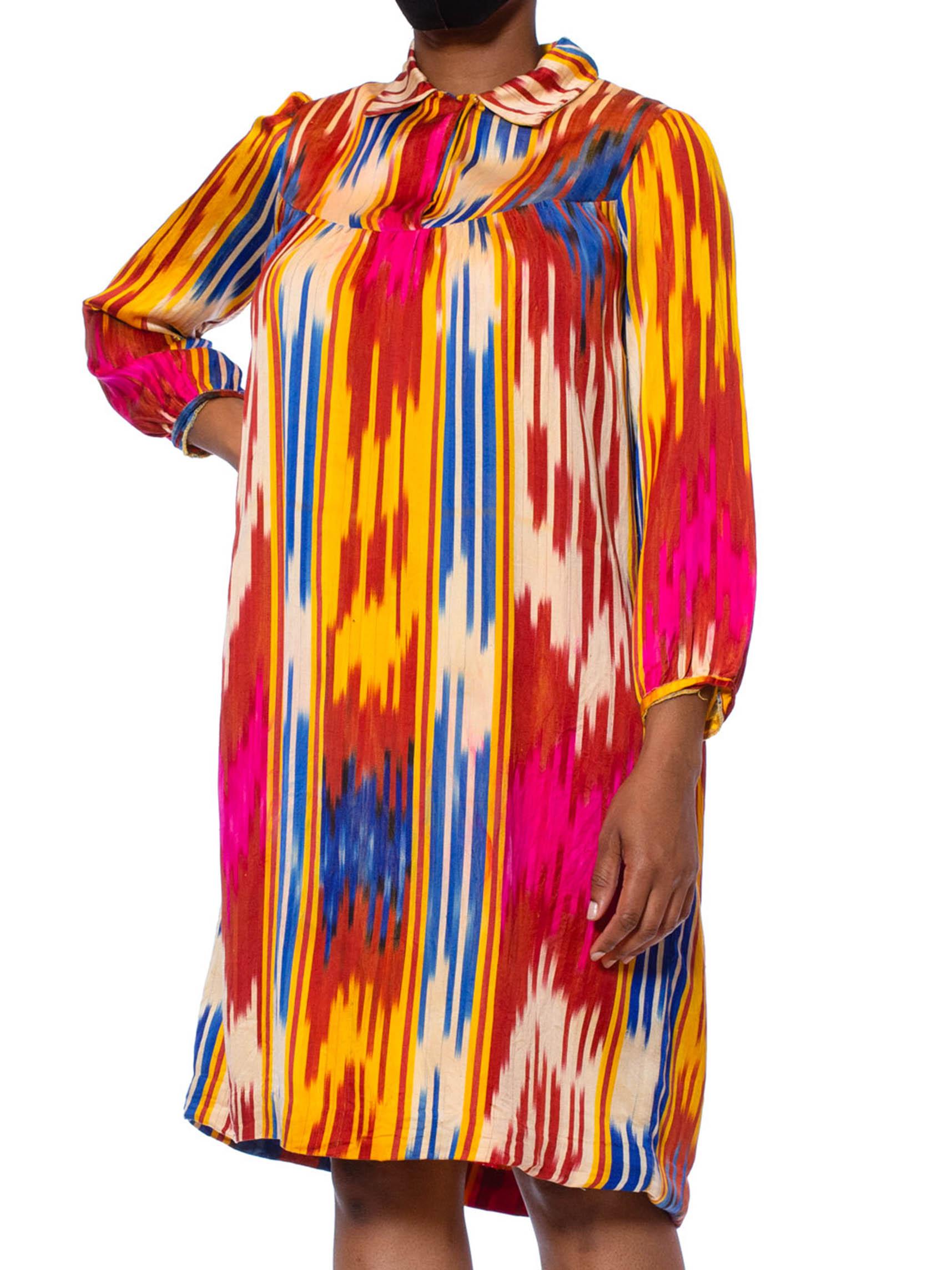 1970S Multicolor Hand Woven Silk Satin Ikat Tunic Dress For Sale 3