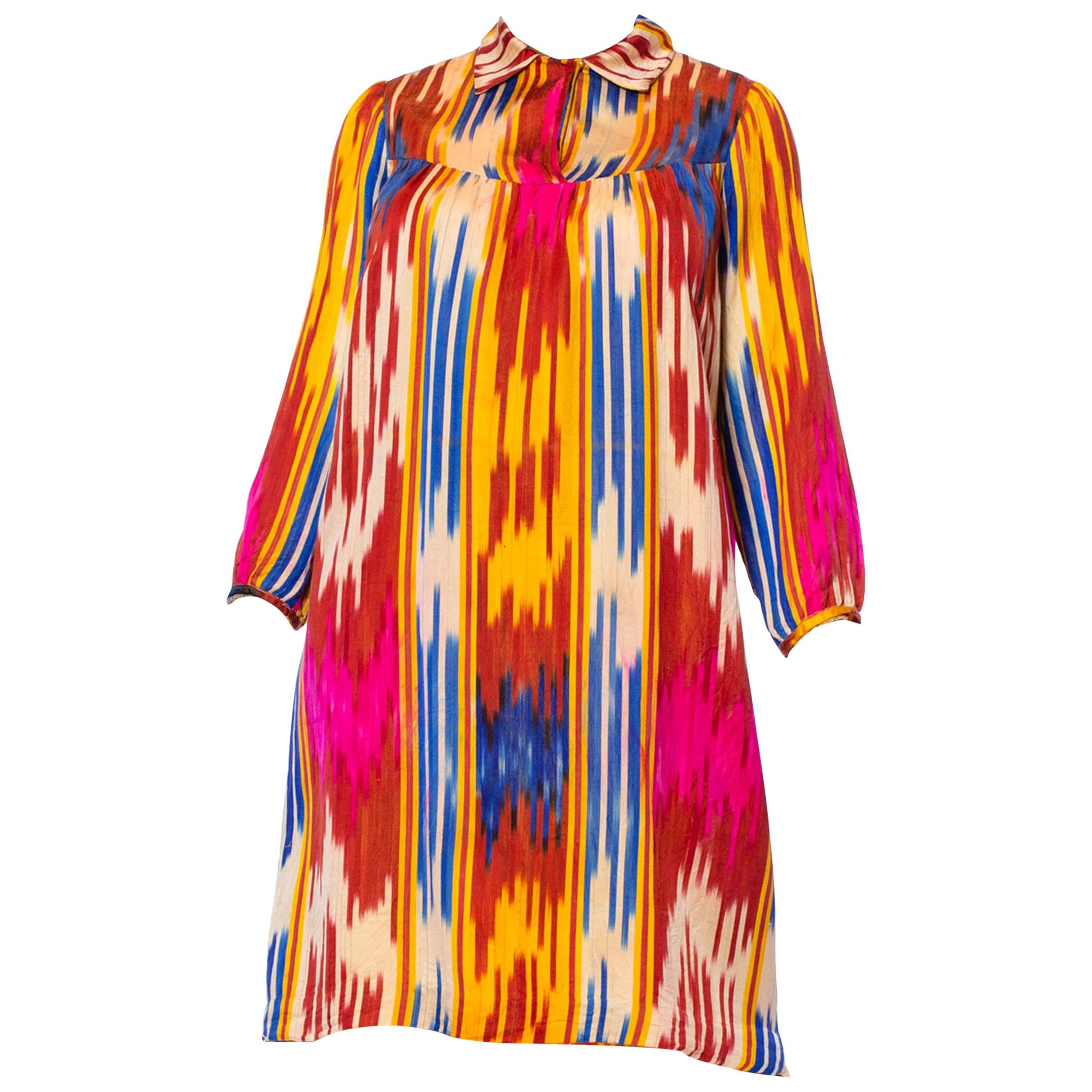 1970S Multicolor Hand Woven Silk Satin Ikat Tunic Dress For Sale