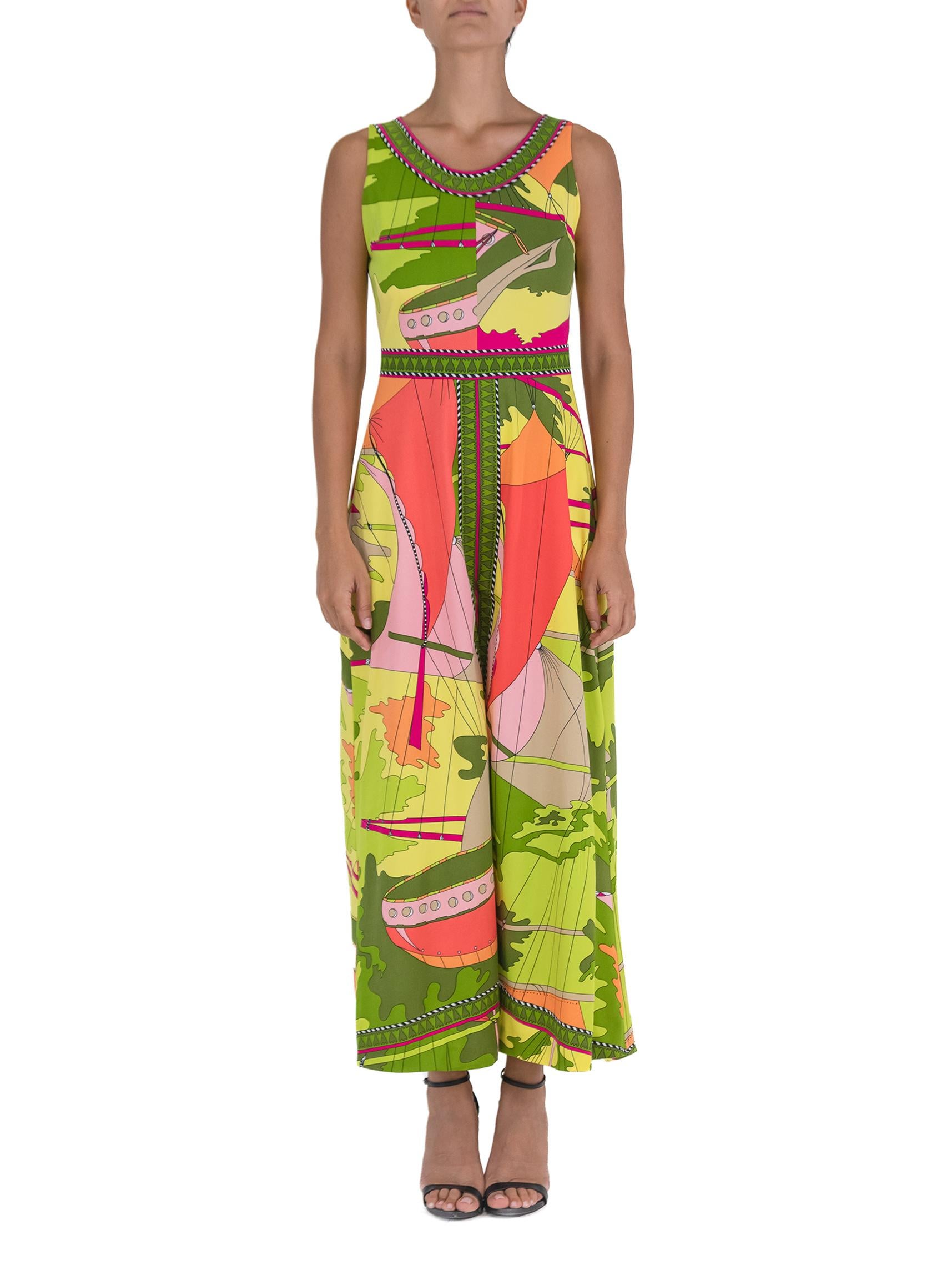 Brown 1970S Multicolor Polyester Jersey Italian Neon Print Maxi Jumpsuit