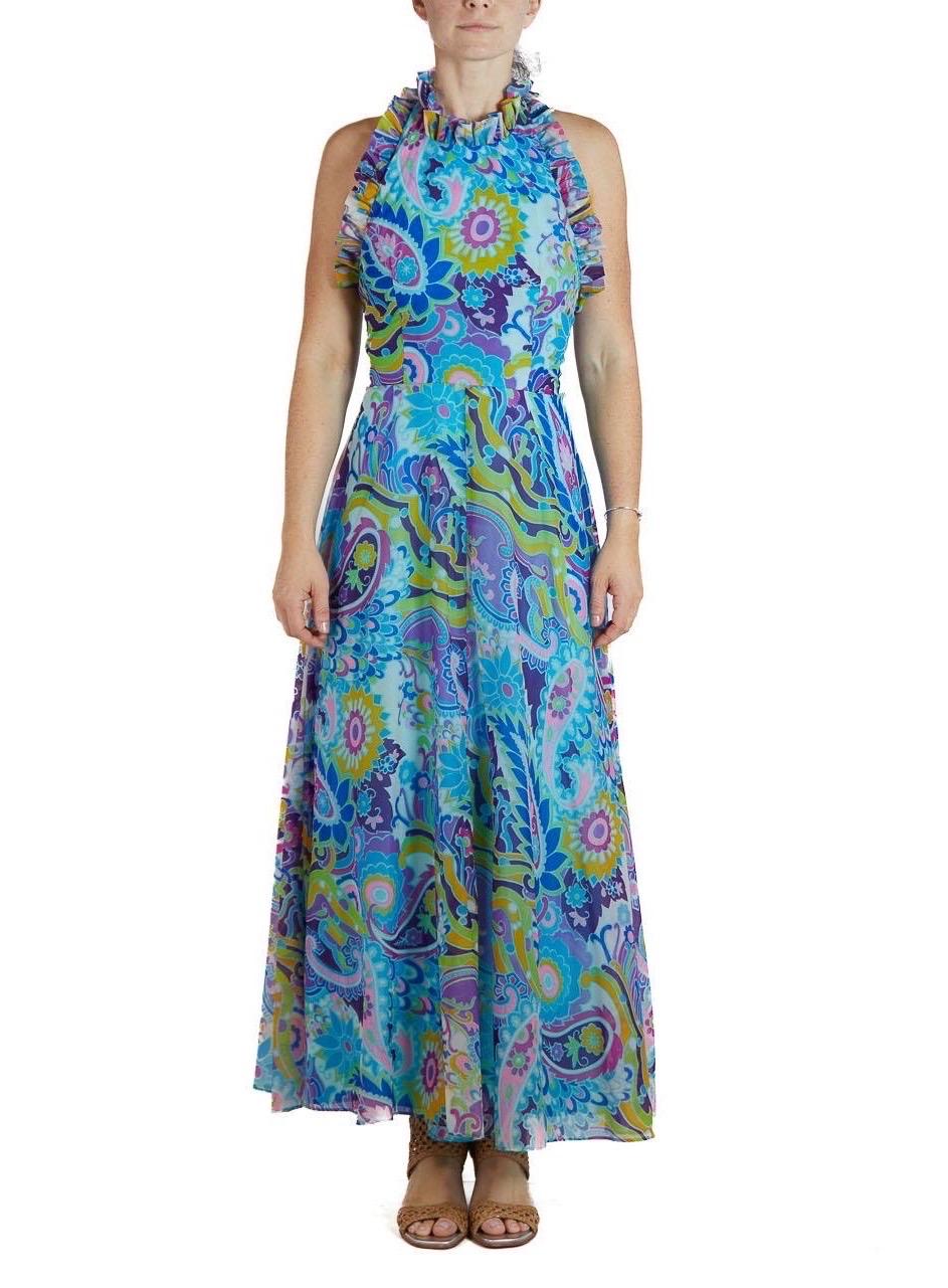 1970S Multicolor Psychedelic Chiffon Abstract Floral Maxi Dress In Excellent Condition For Sale In New York, NY