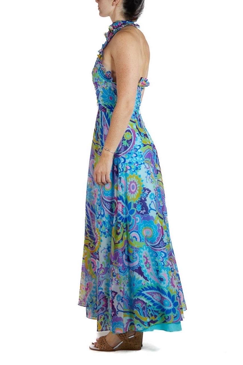 Women's 1970S Multicolor Psychedelic Chiffon Abstract Floral Maxi Dress For Sale