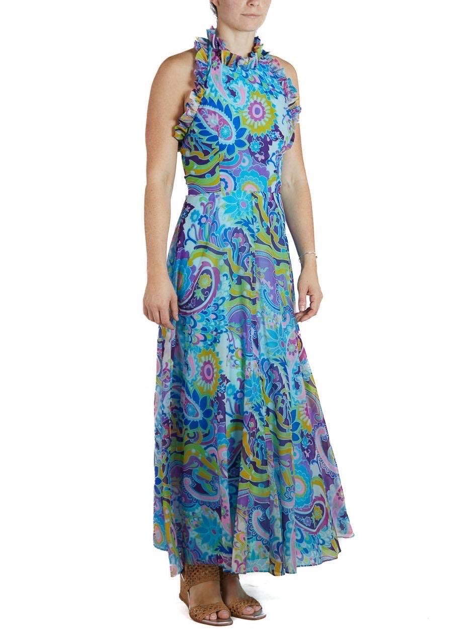 1970S Multicolor Psychedelic Chiffon Abstract Floral Maxi Dress For Sale 1