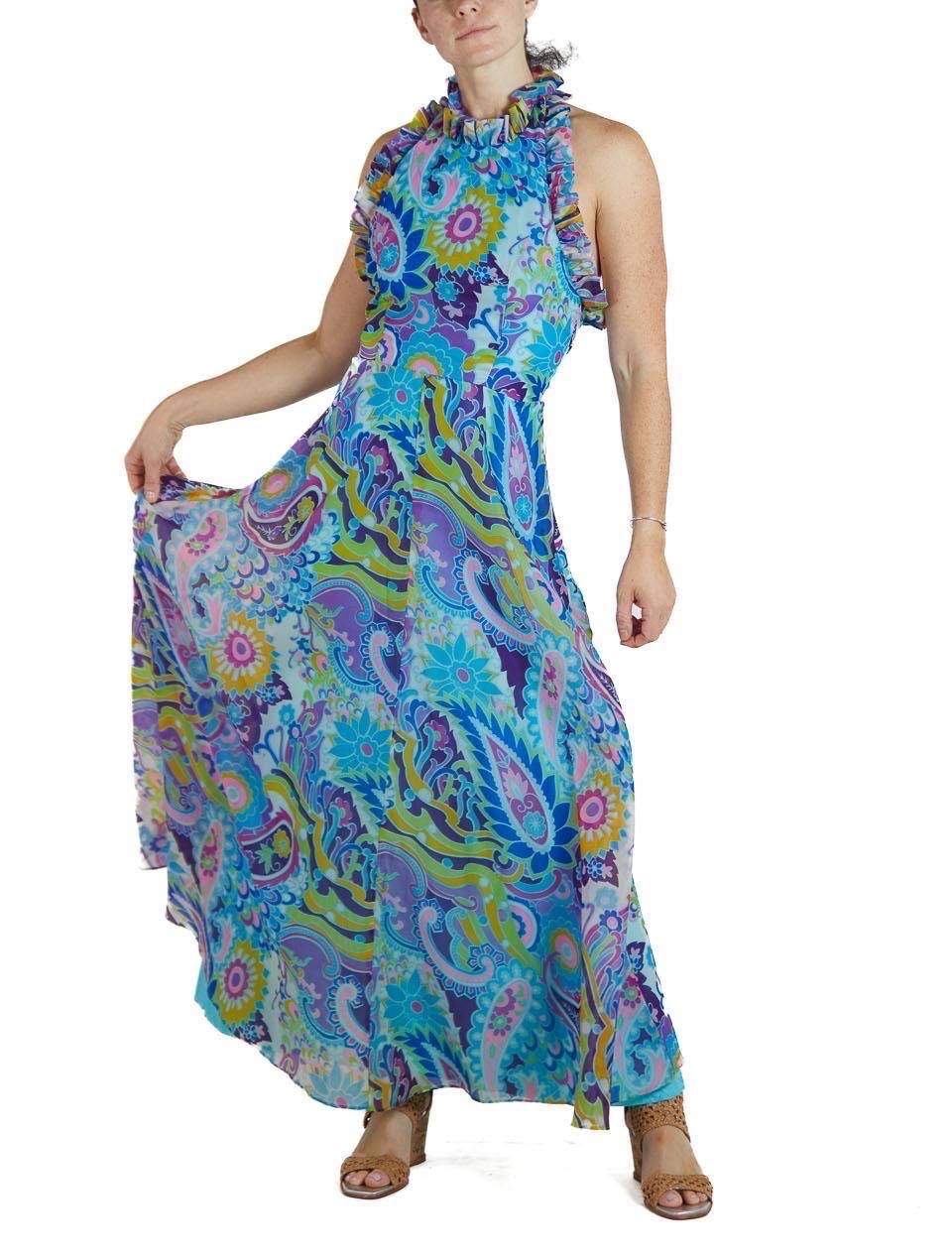 1970S Multicolor Psychedelic Chiffon Abstrakt Floral Maxi Kleid im Angebot 2