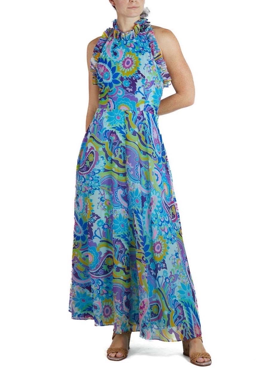 1970S Multicolor Psychedelic Chiffon Abstrakt Floral Maxi Kleid im Angebot 3