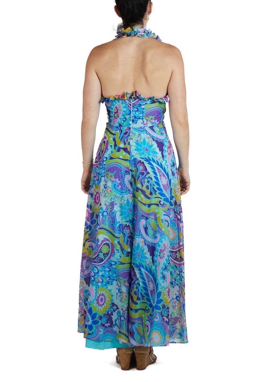 1970S Multicolor Psychedelic Chiffon Abstract Floral Maxi Dress For Sale 4