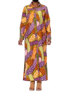1970S Multicolor Psychedelic Cotton Maxi Duster  Dress With Fabric Knot Buttons