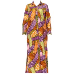 1970S Multicolor Psychedelic Cotton Maxi Duster  Dress With Fabric Knot Buttons