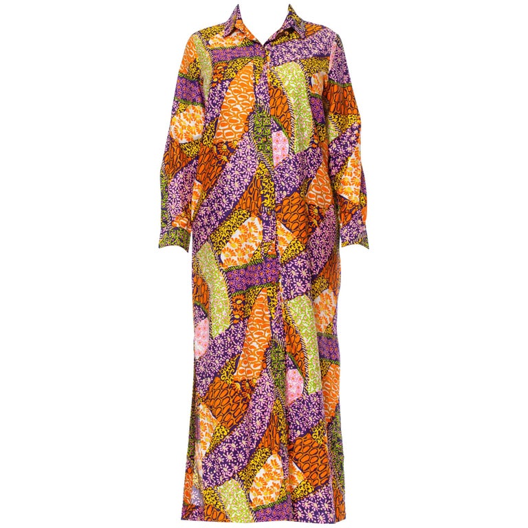 1970S Multicolor Psychedelic Cotton Maxi Duster Dress With Fabric Knot ...