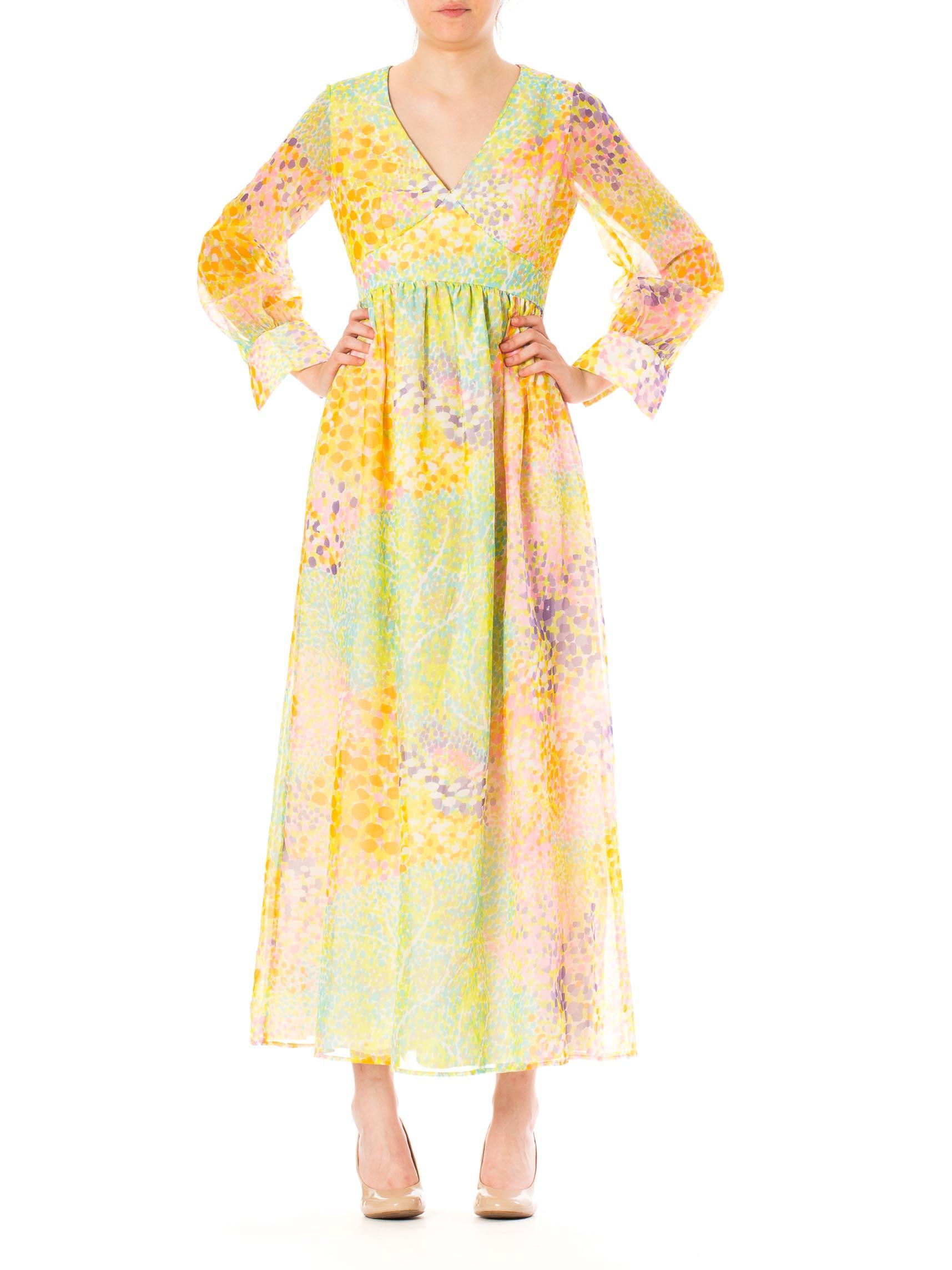 Women's 1970S Multicolor Psychedelic Polyester Chiffon Maxi Dress For Sale