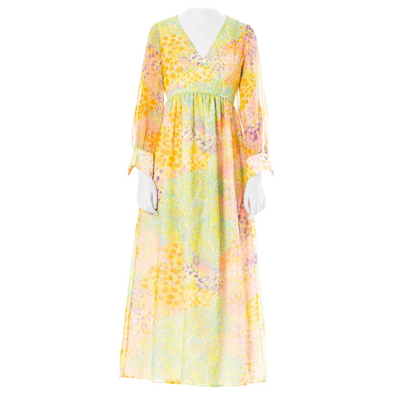 1970s Multicolor Psychedelic Polyester Chiffon Maxi Dress