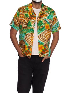 1970S Multicolor Tropical Polyester Men's Leopard Scenic Print Shirt