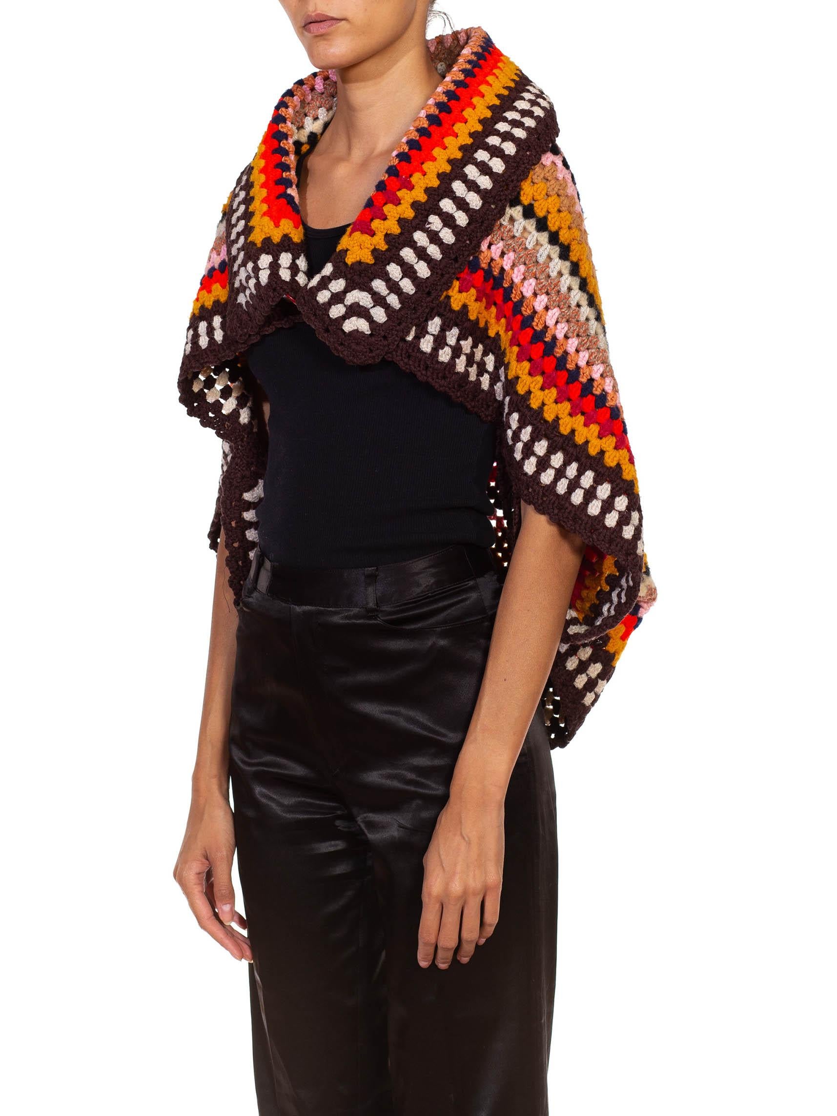 Women's 1970S Multicolor Wool Blend Crochet Shawl