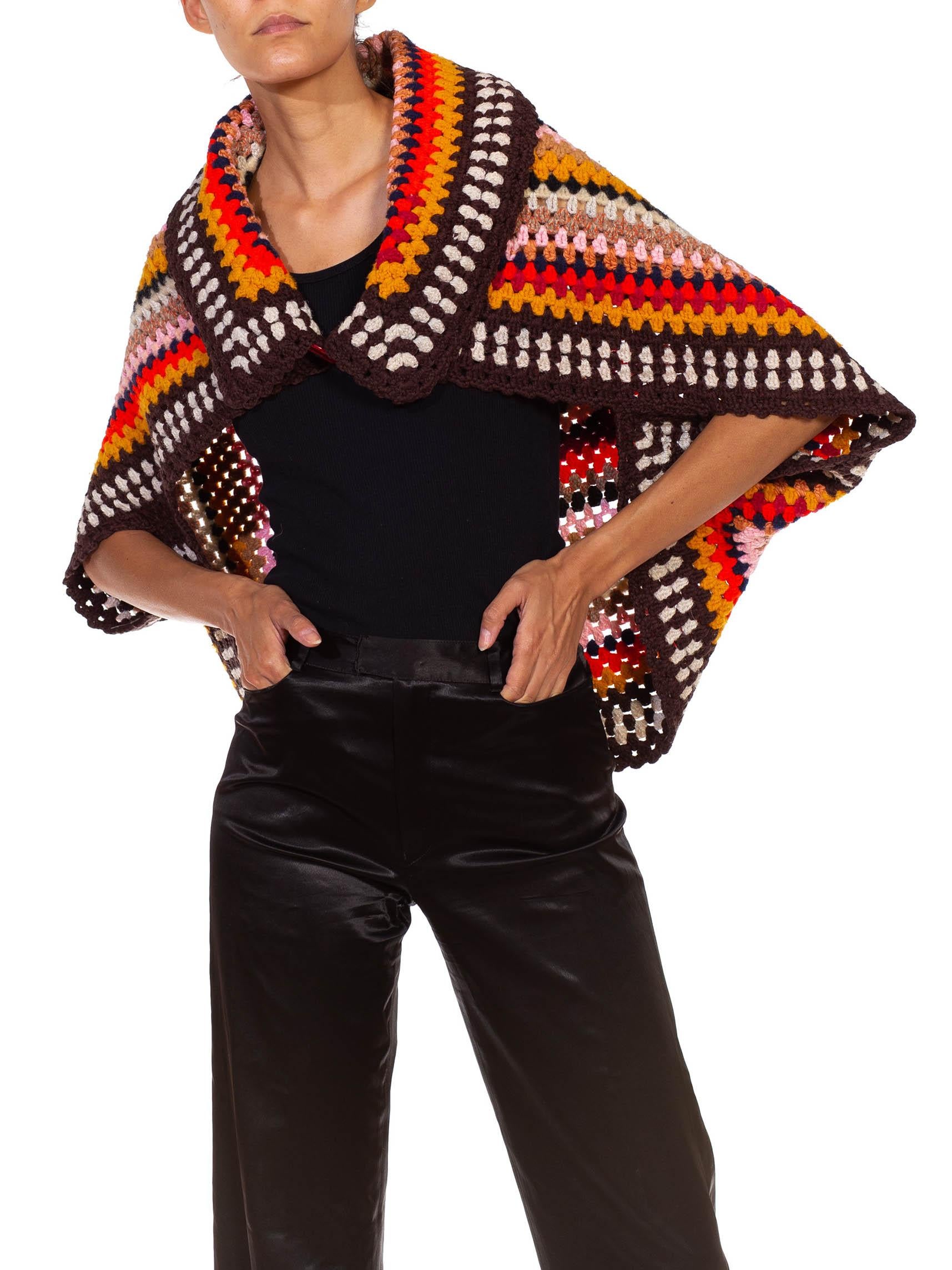 1970S Multicolor Wool Blend Crochet Shawl 2