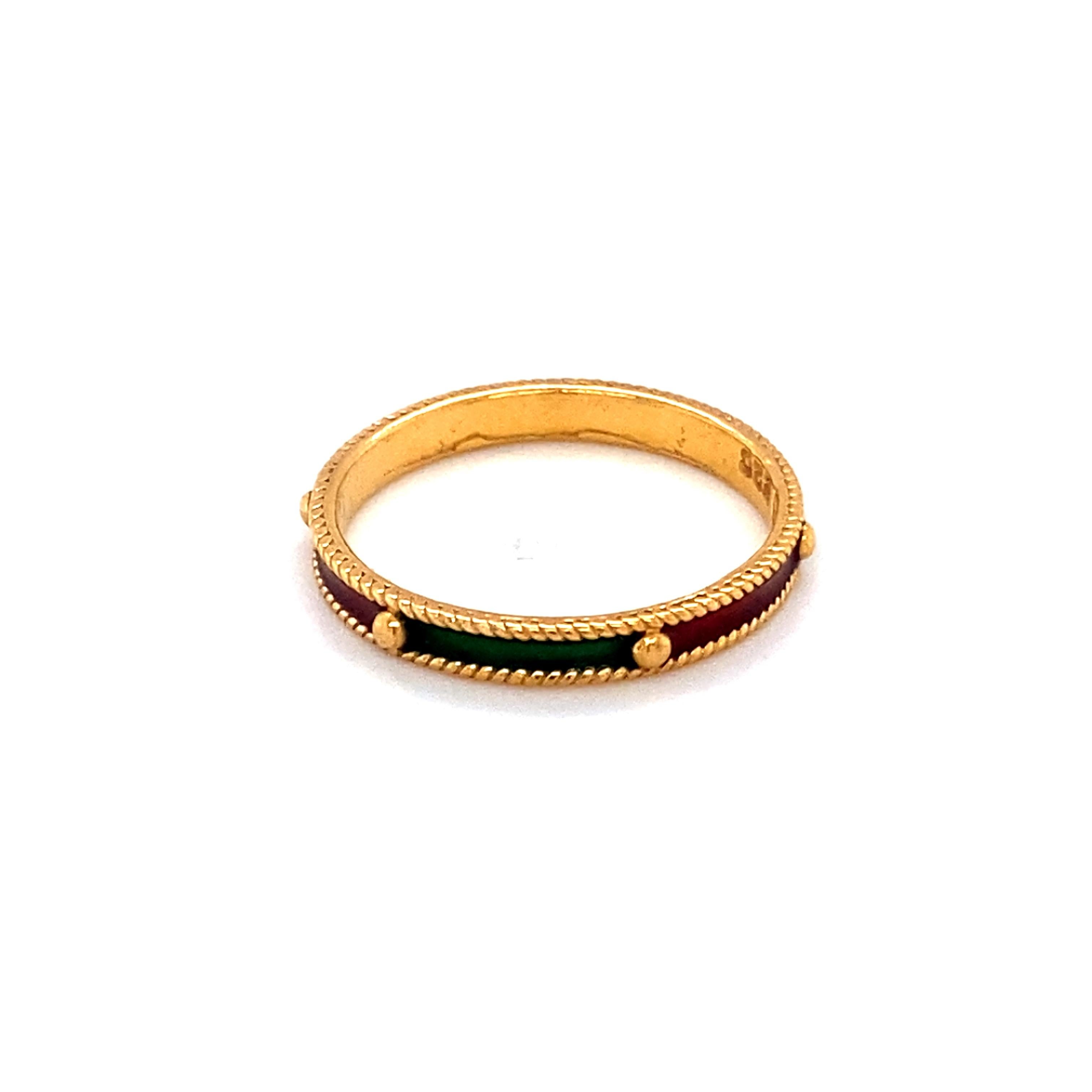 Item Details:
Metal type: 22 Karat Yellow Gold 
Weight: 1.9 grams 
Size: 6

Item Features:
Multicolored enamel - red and green
Vintage, 1970s 
High contrast 22 karat yellow gold gives it an overall stunning finish, it shines beautifully against the