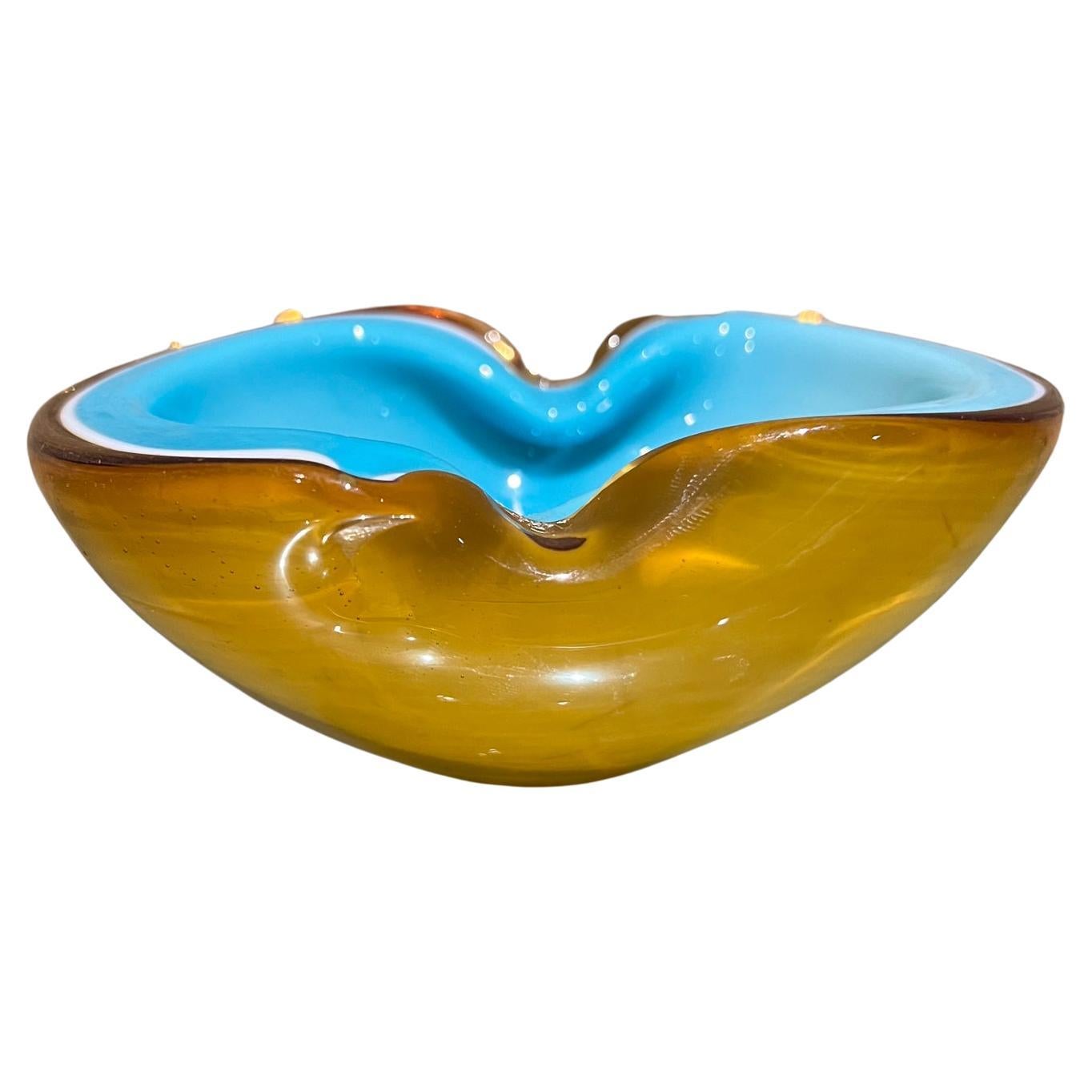 1970s Murano Art Glass Sensual Bowl Turquoise and Amber  For Sale