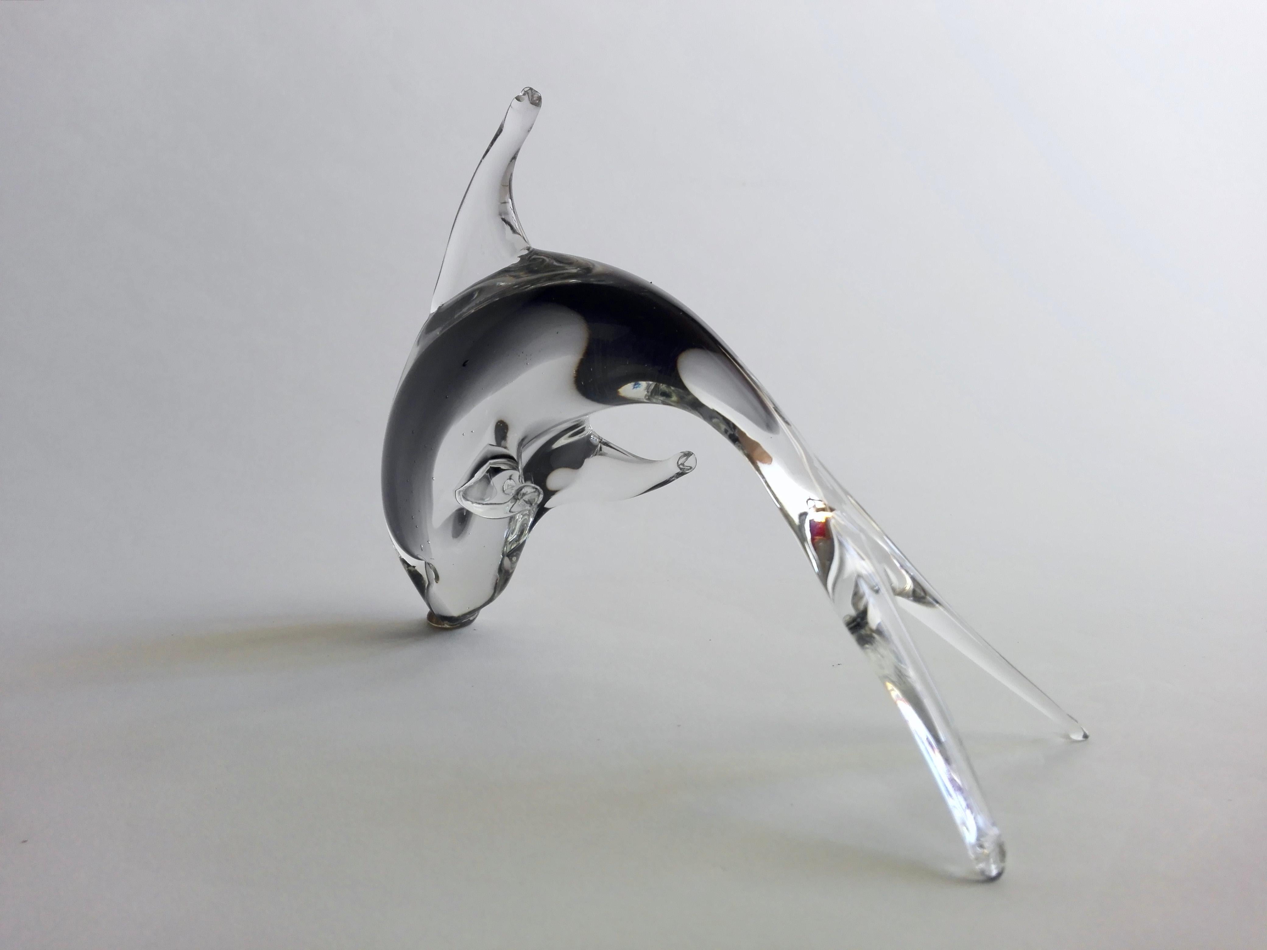 Modern 1970s Dolphin Murano clear and smokey art glass sculpture. For Sale