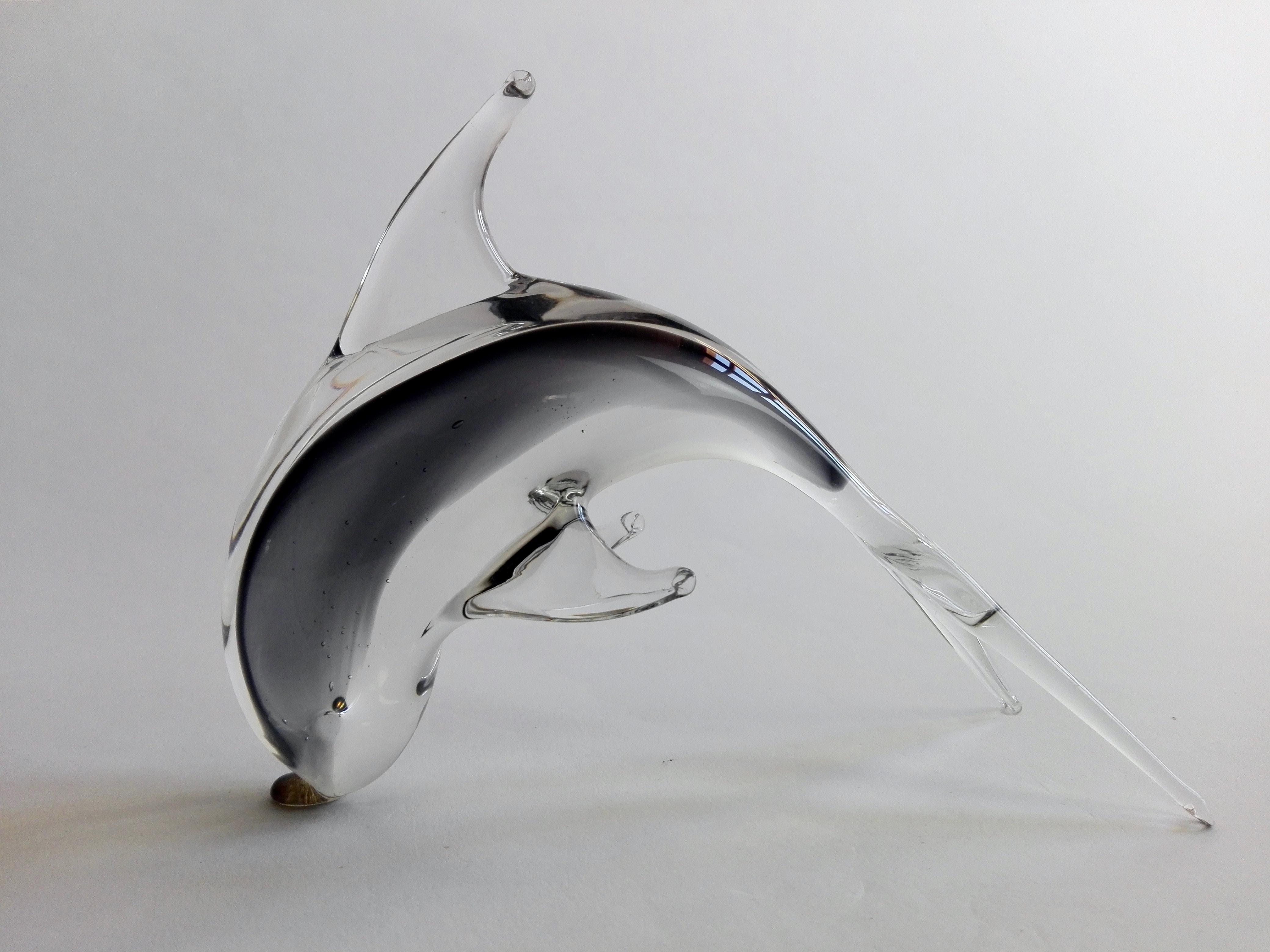 Modern 1970s Dolphin Murano clear and smokey art glass sculpture. For Sale