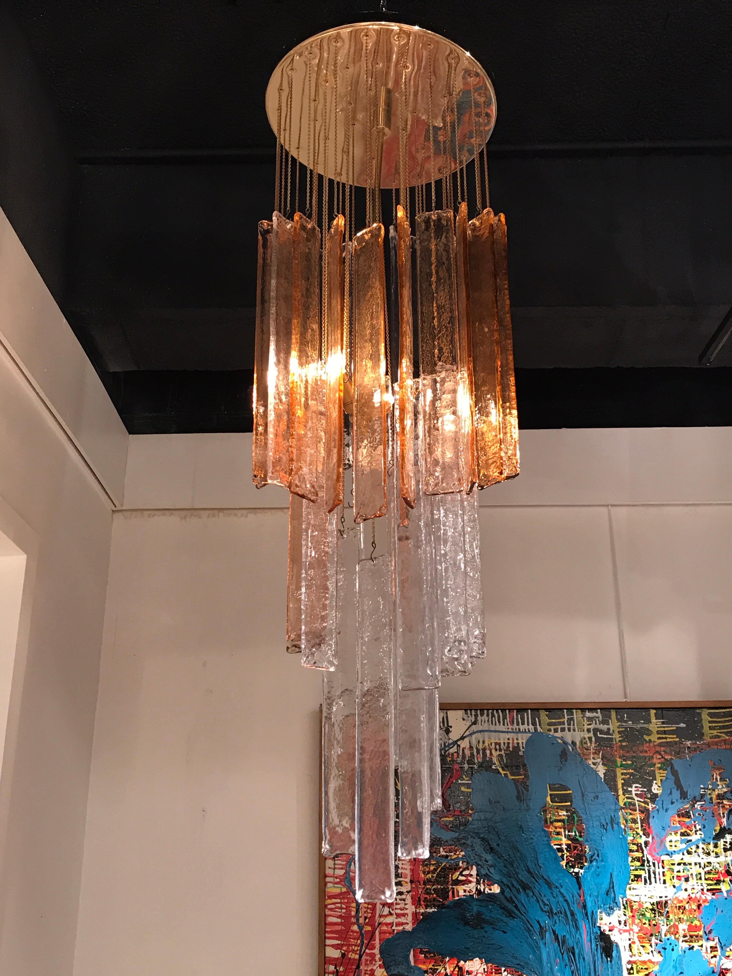 1970s Murano Frosted Glass Pendant Light with transparent and amber colors
Brass base.