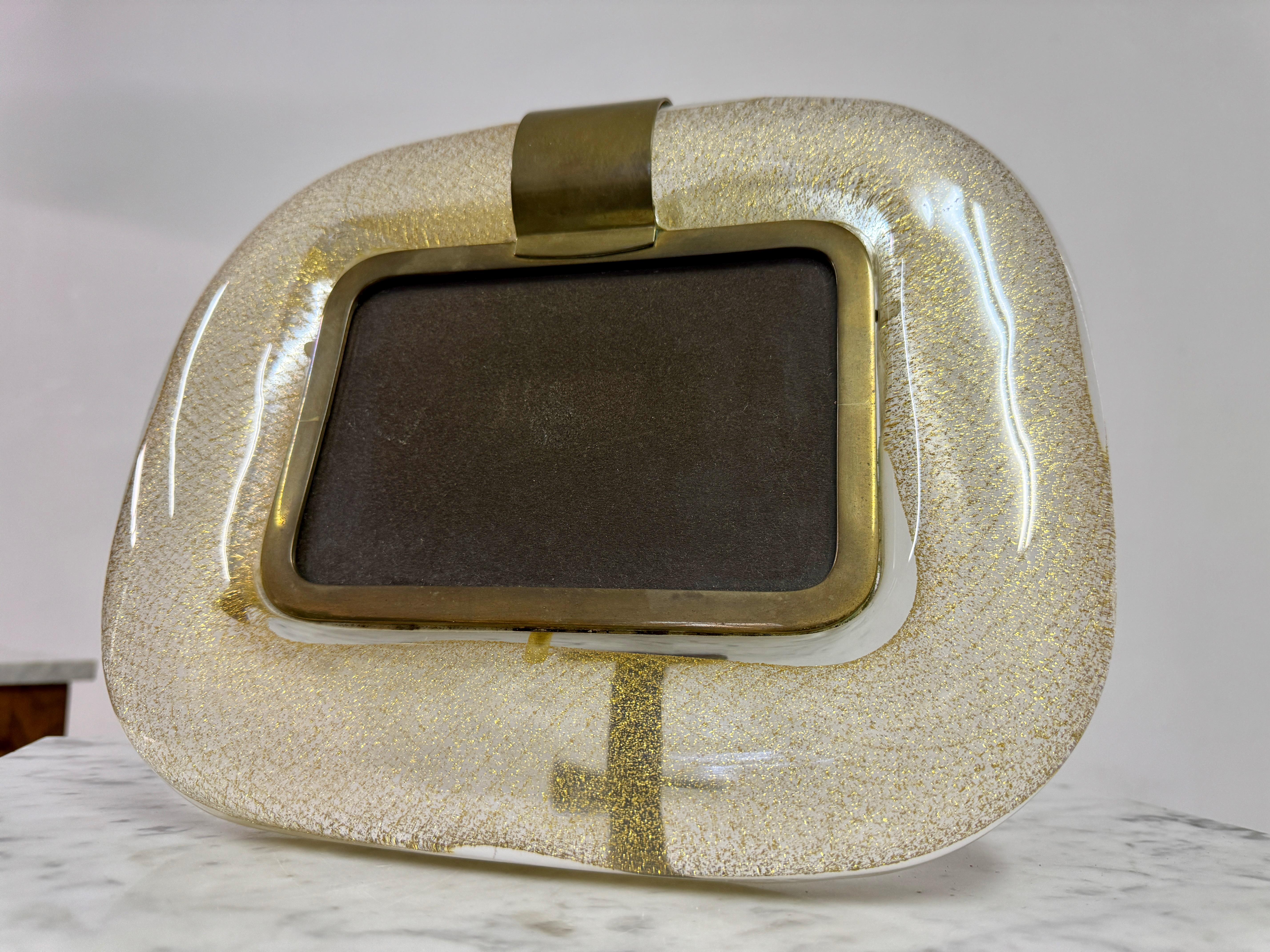 Hollywood Regency 1970s Murano Glass and Brass Photo Frame by Tommaso Barbi For Sale