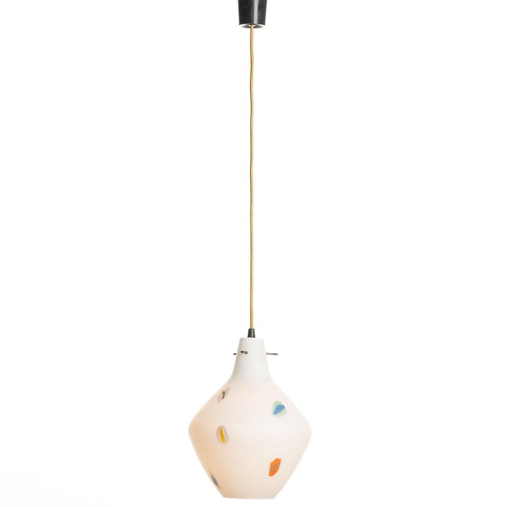 Playful pendant with stunning white Incamiciato glass shade. Lovely diffusion of the light. We have three in different shapes in our collection. 
Please notice you can easily adjust the lamp's height according to your personal needs. This light has