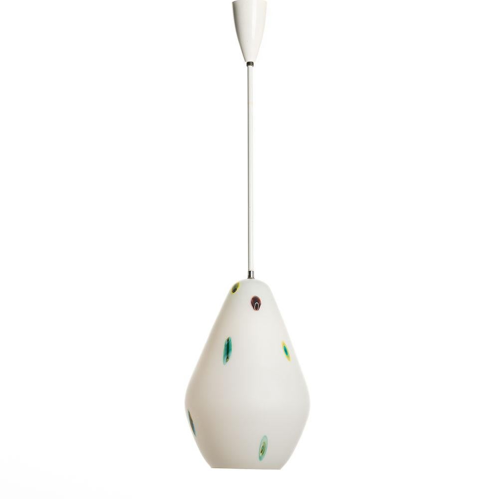 Playful pendant with stunning white Incamiciato glass shade and Murrina pieces throughout the shade. Lovely diffusion of the light. We have three in different shapes in our collection. This light has new fittings and wiring.