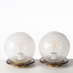 1970s Murano Glass & Brass 'Tessuto' Sphere Table Lamps Attributed to Venini