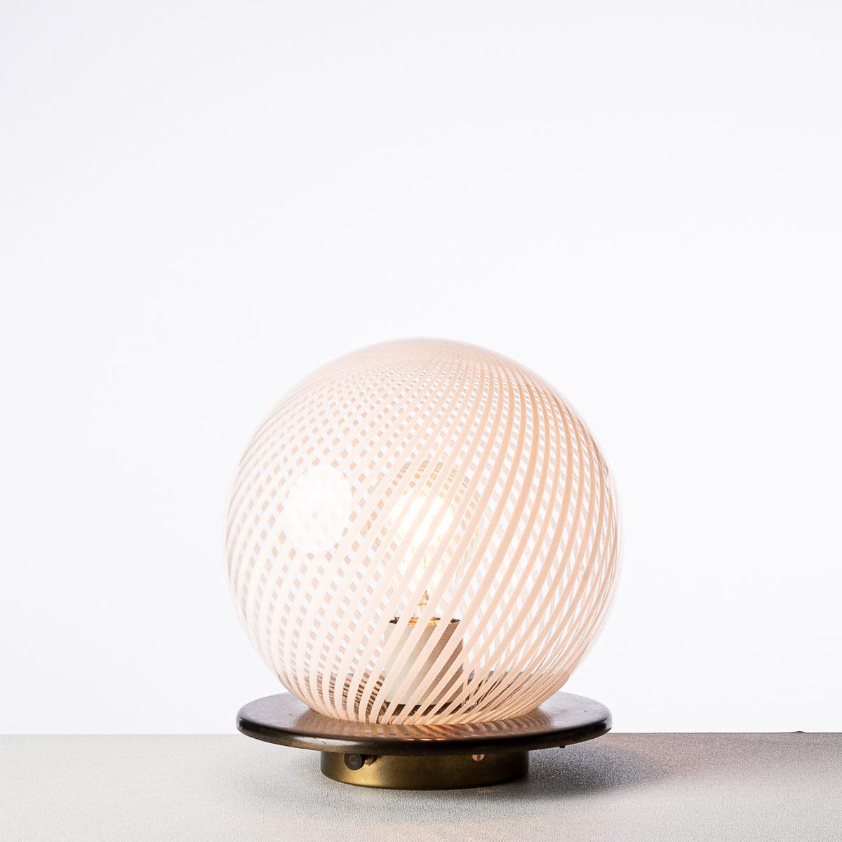 Italian 1970s Murano Glass & Brass 'Tessuto' Sphere Table Lamps Attributed to Venini For Sale