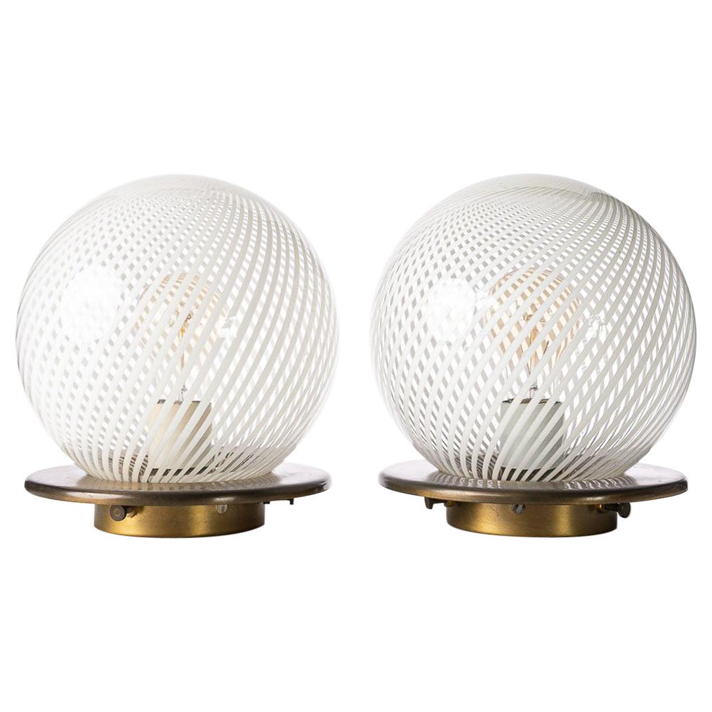 1970s Murano Glass & Brass 'Tessuto' Sphere Table Lamps Attributed to Venini