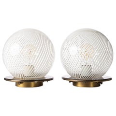 1970s Murano Glass & Brass 'Tessuto' Sphere Table Lamps Attributed to Venini