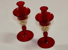 1970's Murano Glass Red And Gold Candle Holders