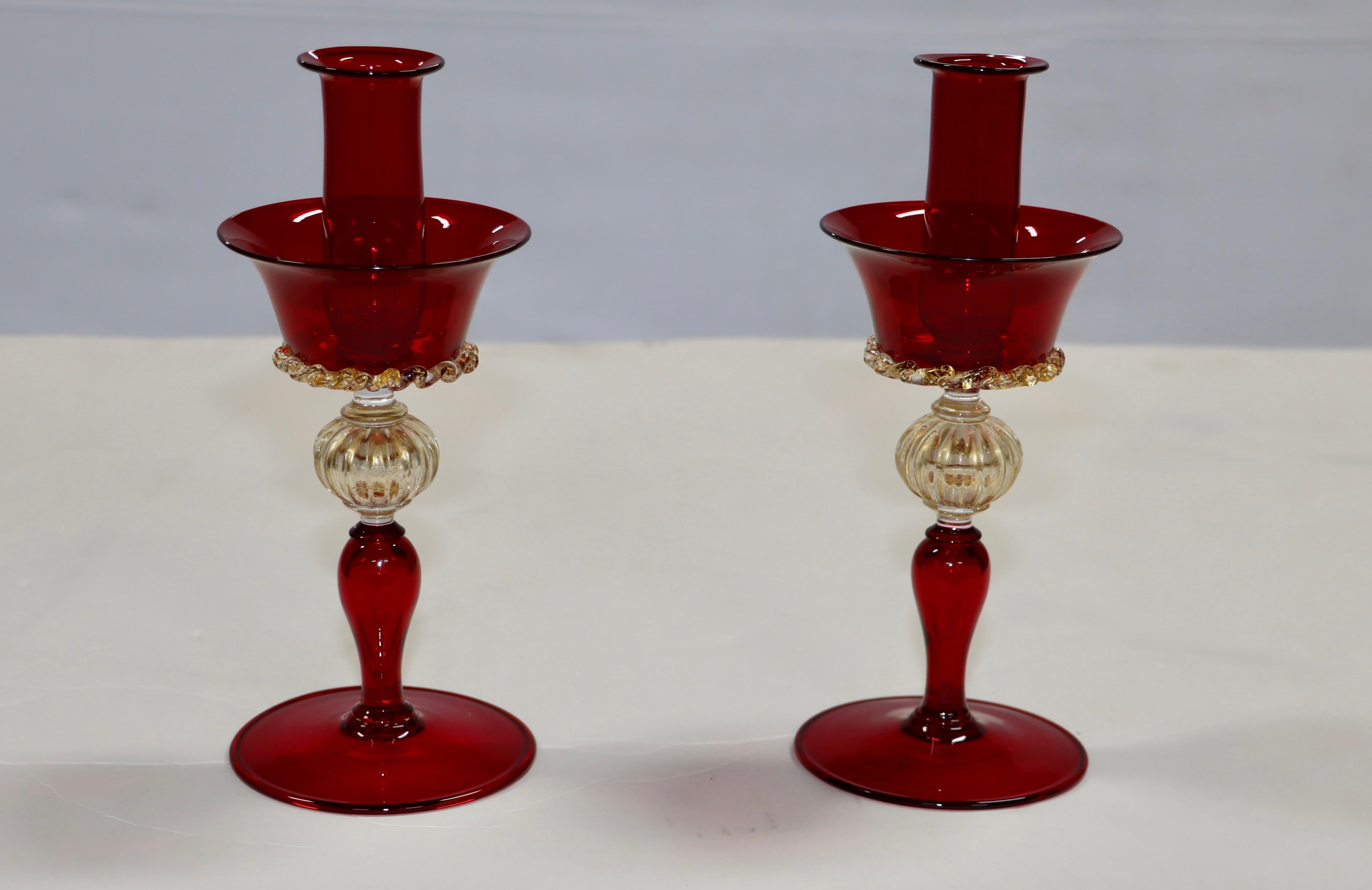 Italian 1970's Murano Glass Red And Gold Candle Holders