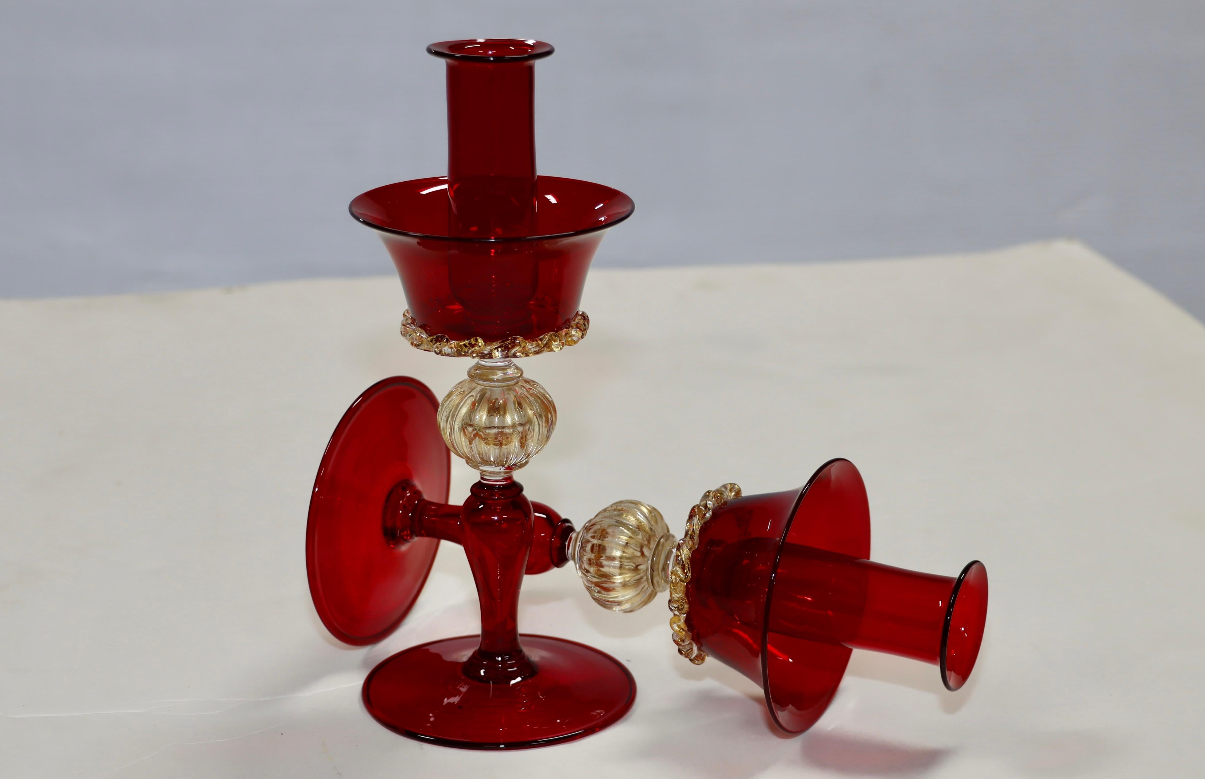 1970's Murano Glass Red And Gold Candle Holders In Good Condition For Sale In New York, NY