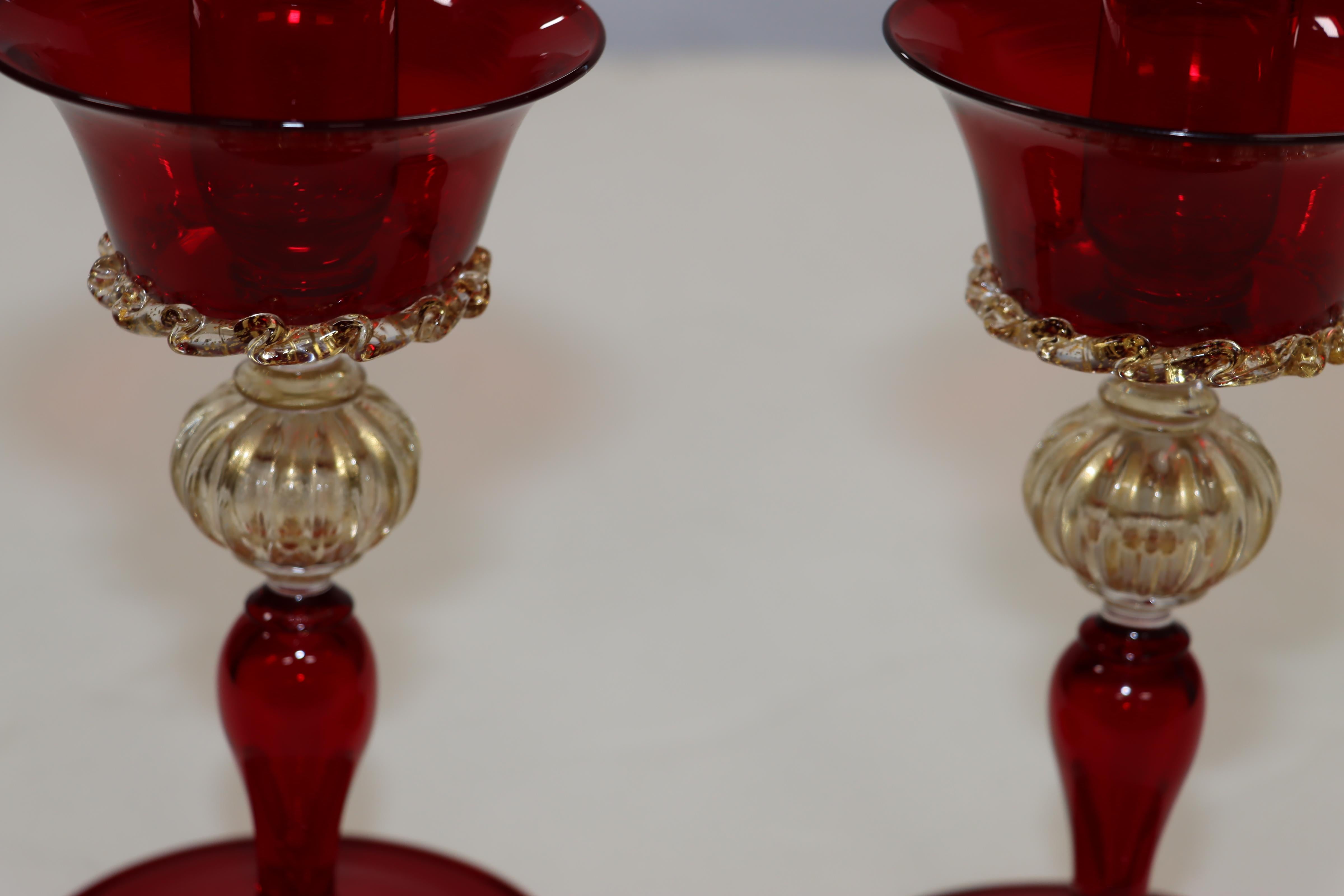 Late 20th Century 1970's Murano Glass Red And Gold Candle Holders