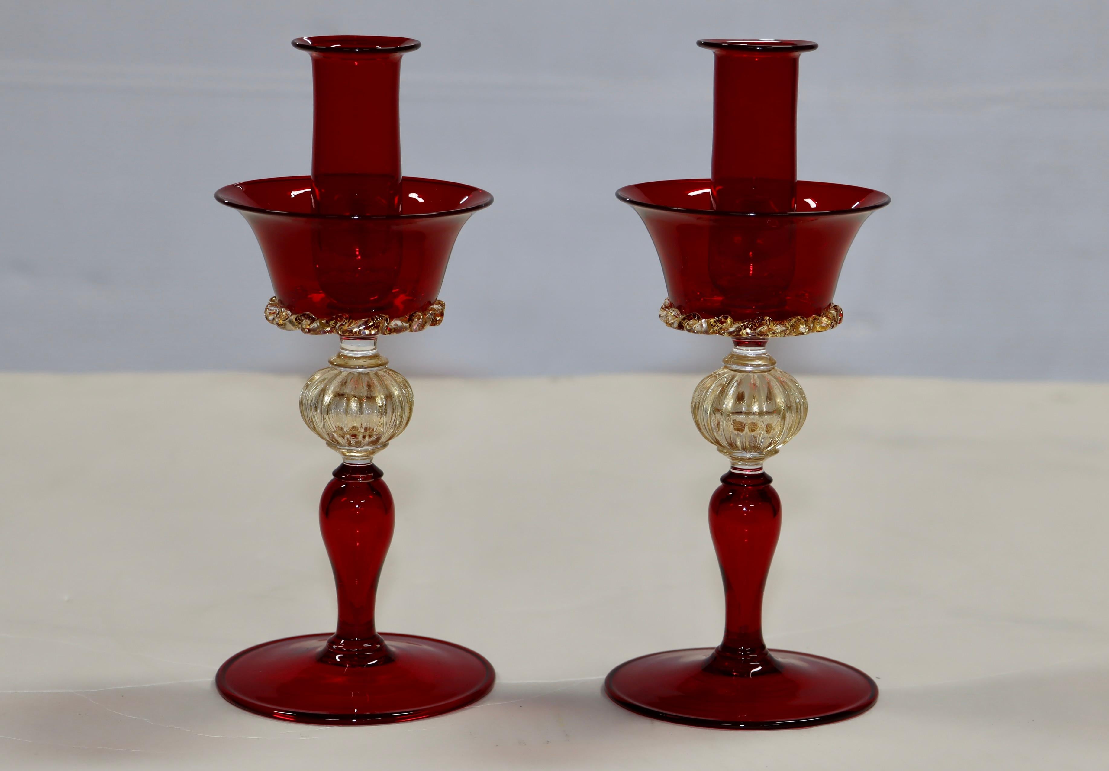 1970's Murano Glass Red And Gold Candle Holders For Sale 1