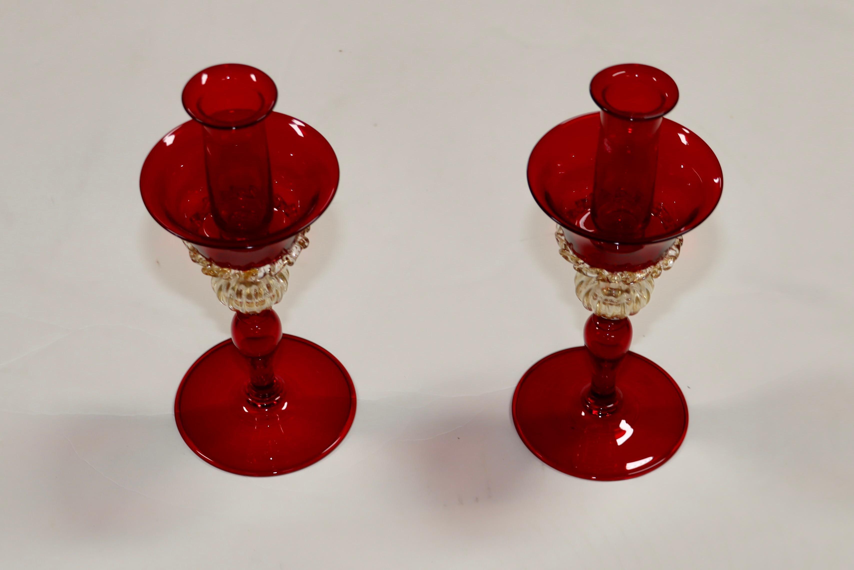 1970's Murano Glass Red And Gold Candle Holders For Sale 2