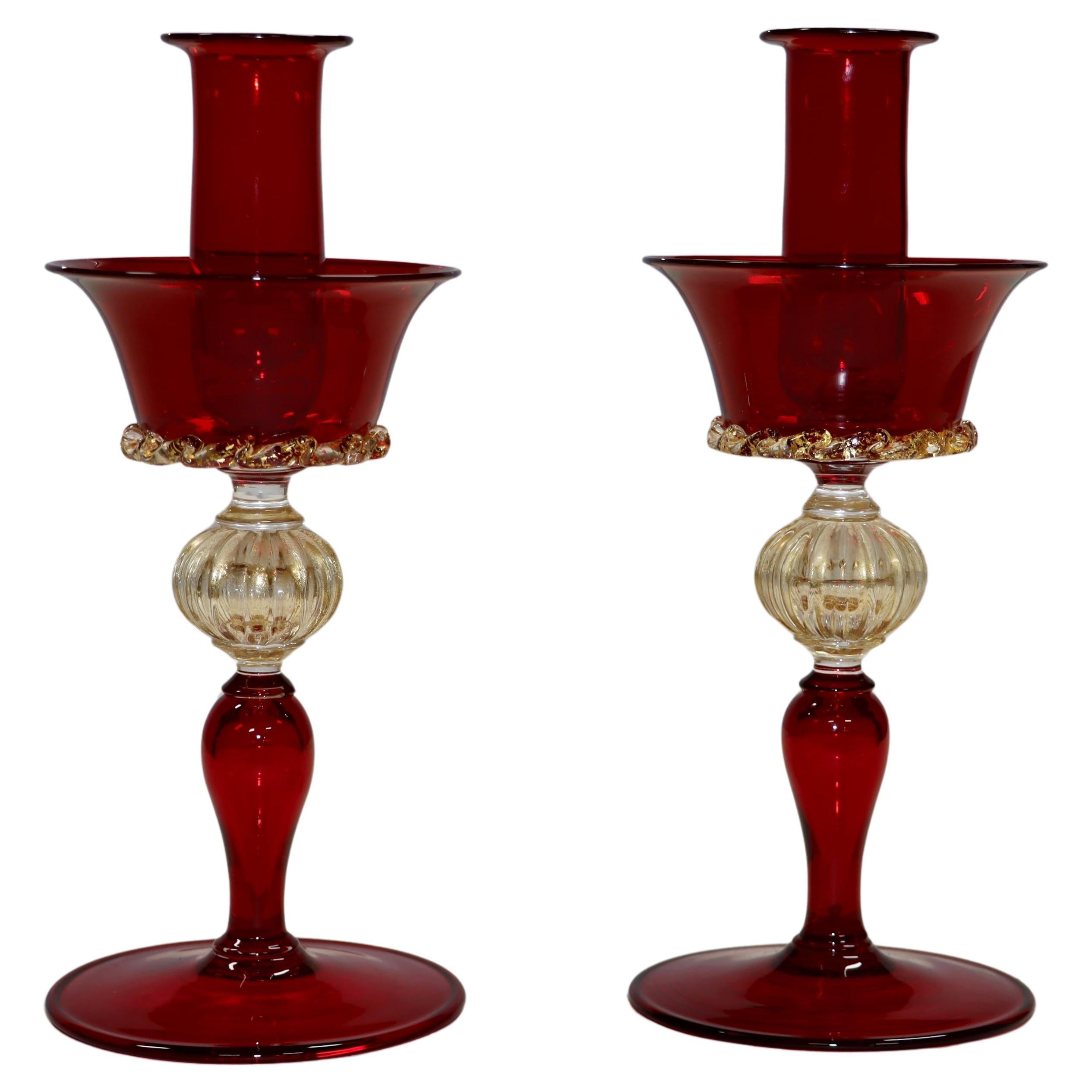 1970's Murano Glass Red And Gold Candle Holders For Sale