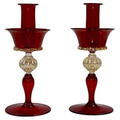 1970's Murano Glass Red And Gold Candle Holders