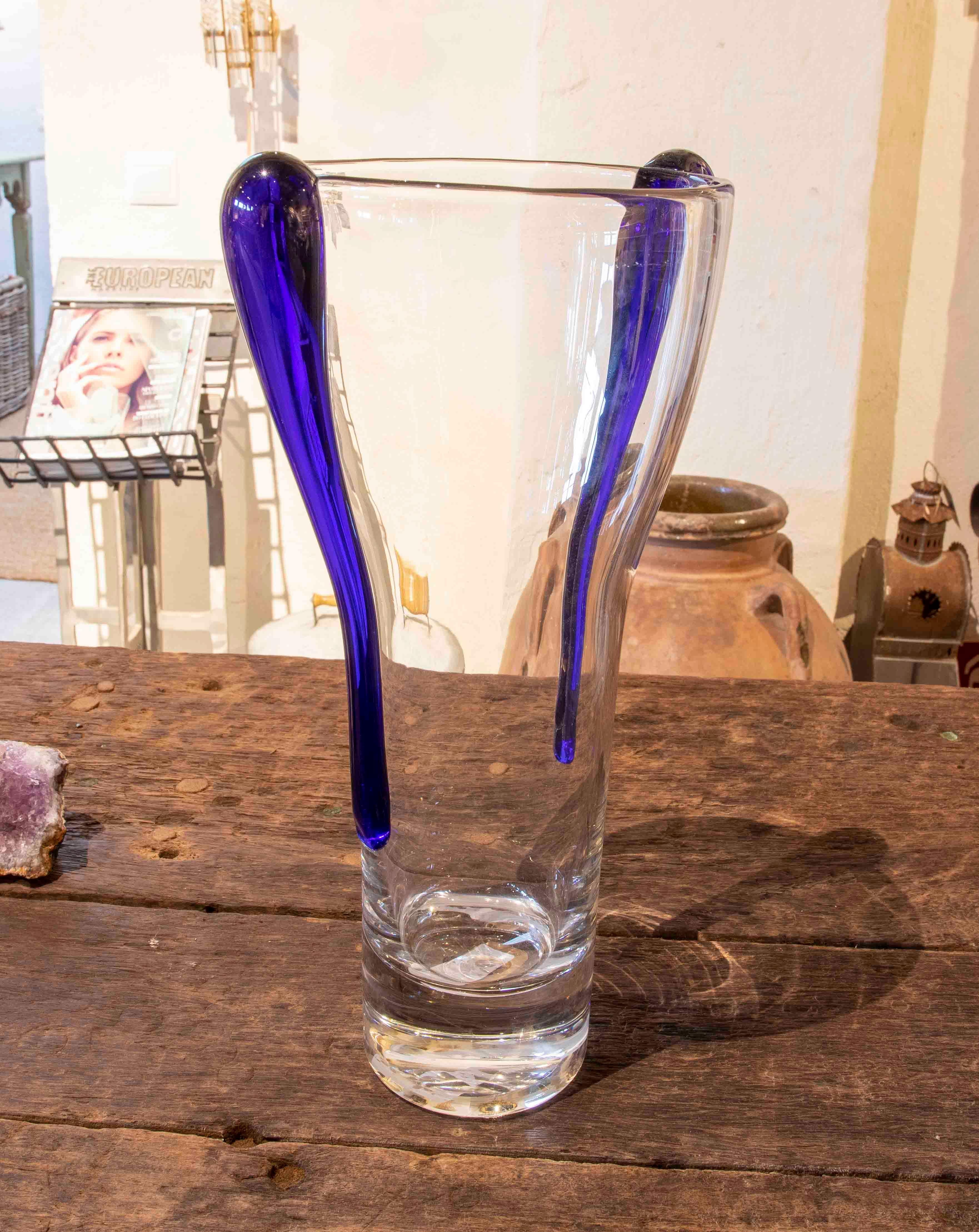 20th Century 1970s Murano Glass Vase with Blue Decoration on the Sides For Sale