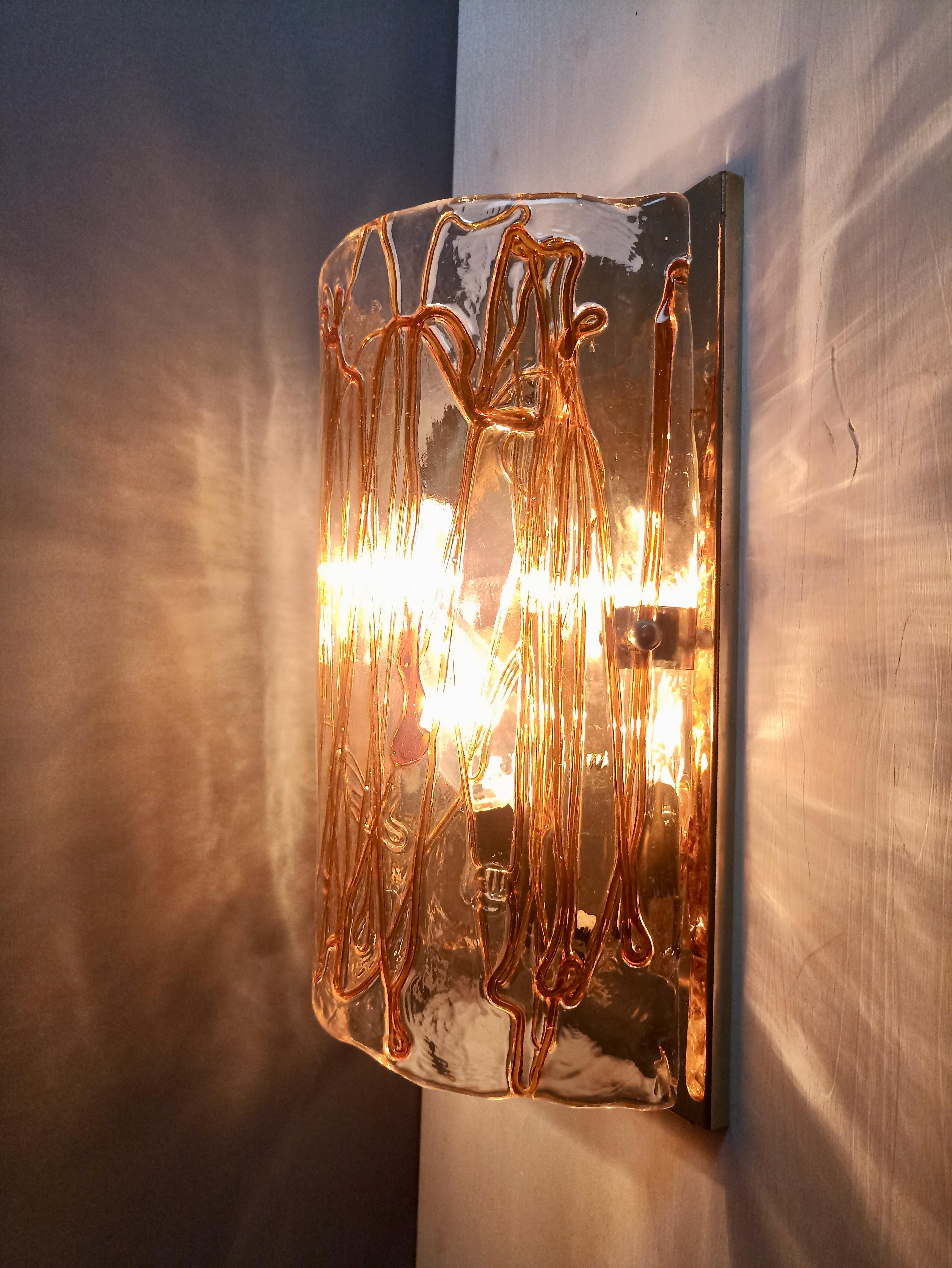 1970s Murano La Murrina art glass and gilded metal wall lamp. 1