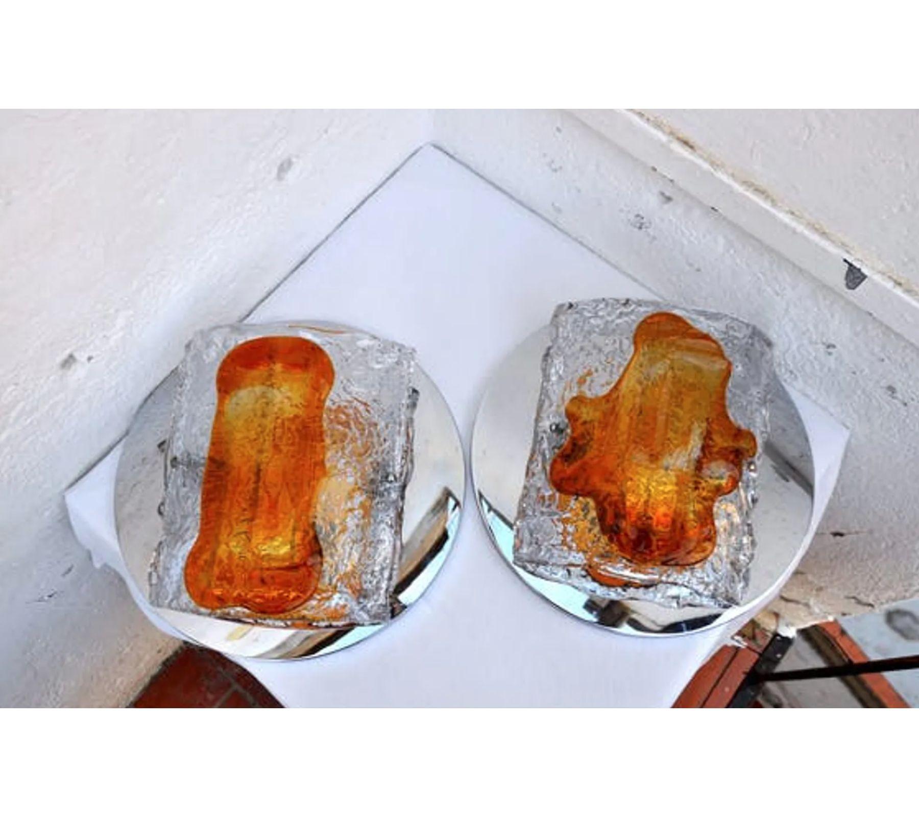 Hollywood Regency 1970s Murano Mazzega Crystal and Metal Sconces, a Pair For Sale