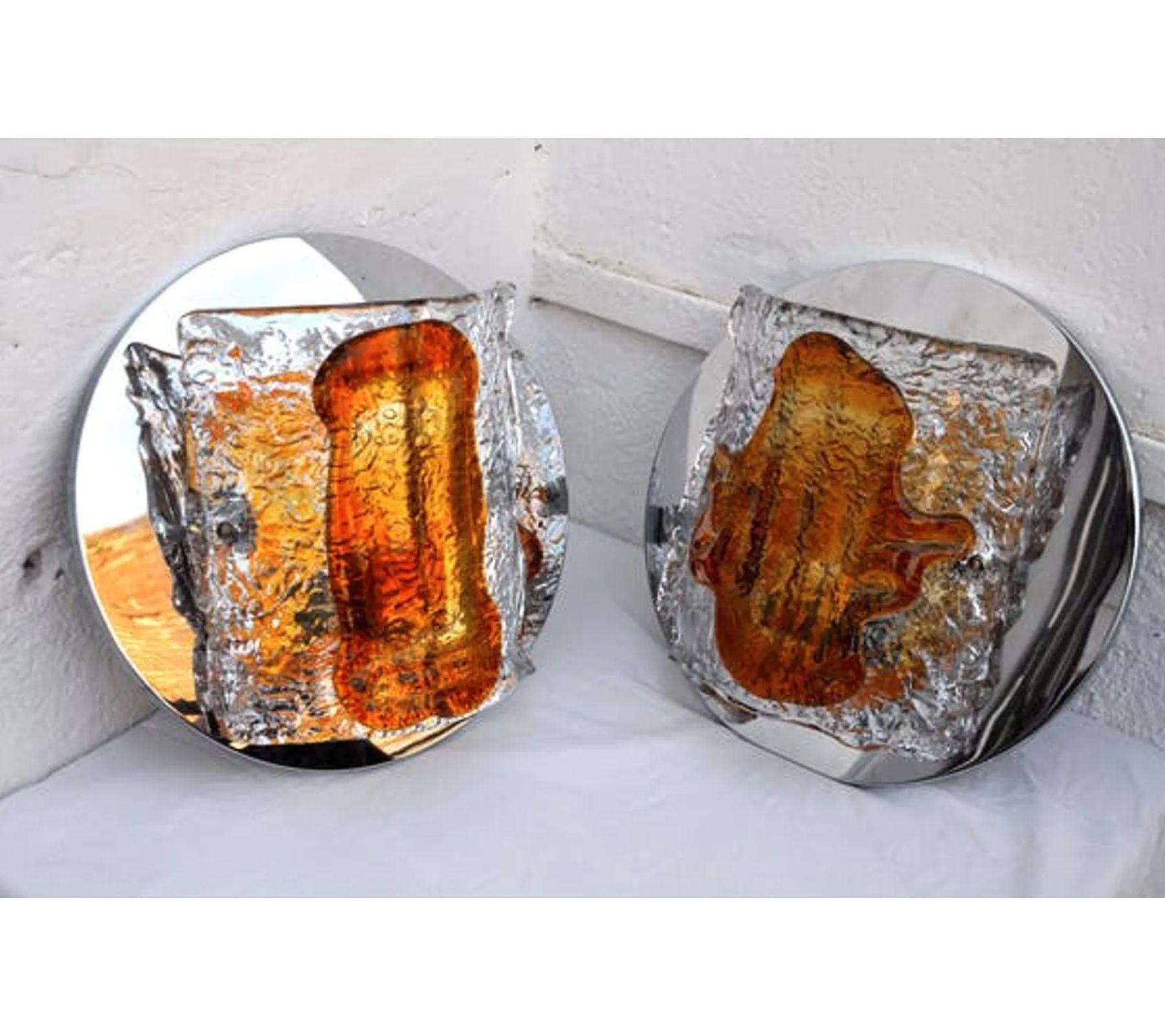 Italian 1970s Murano Mazzega Crystal and Metal Sconces, a Pair For Sale