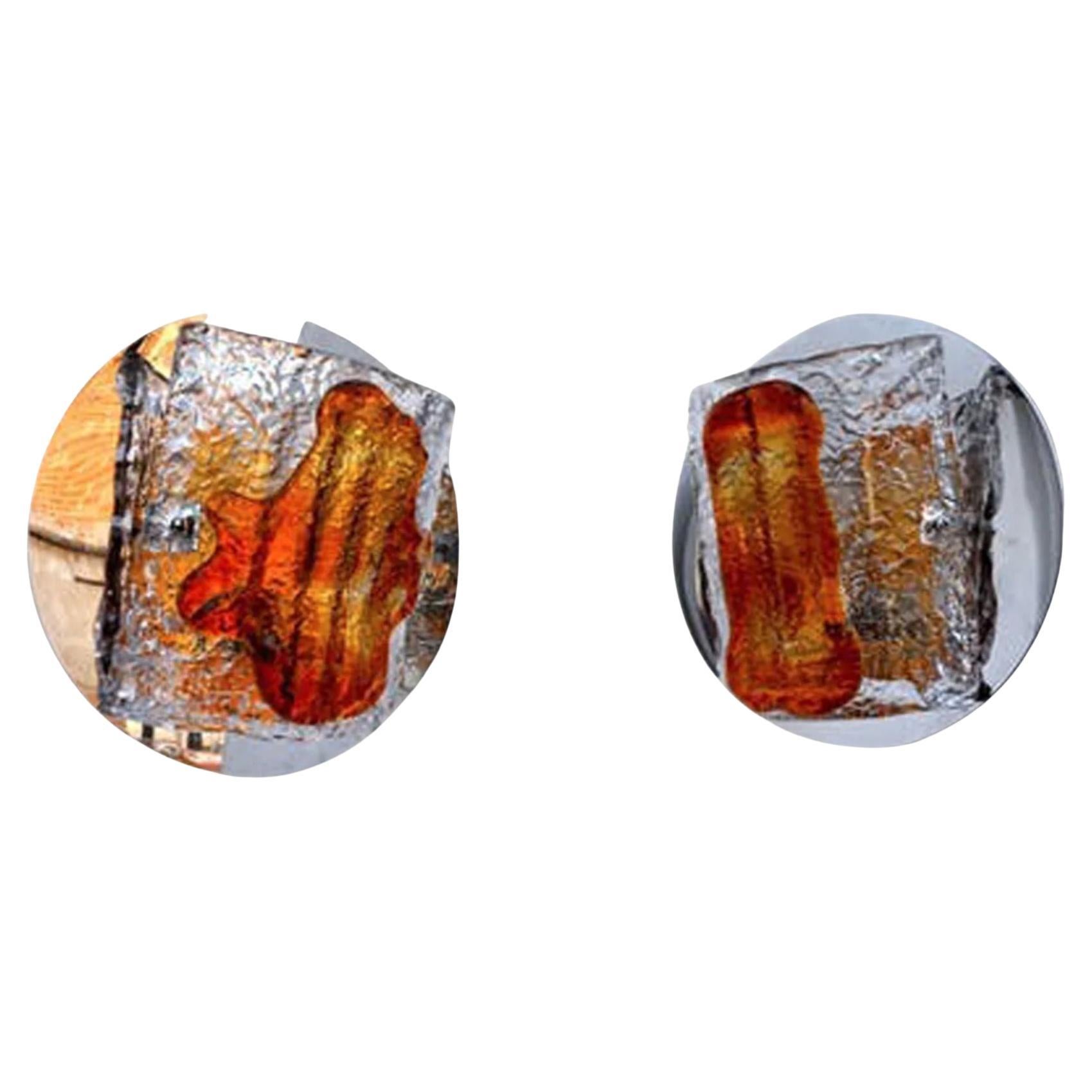 1970s Murano Mazzega Crystal and Metal Sconces, a Pair For Sale
